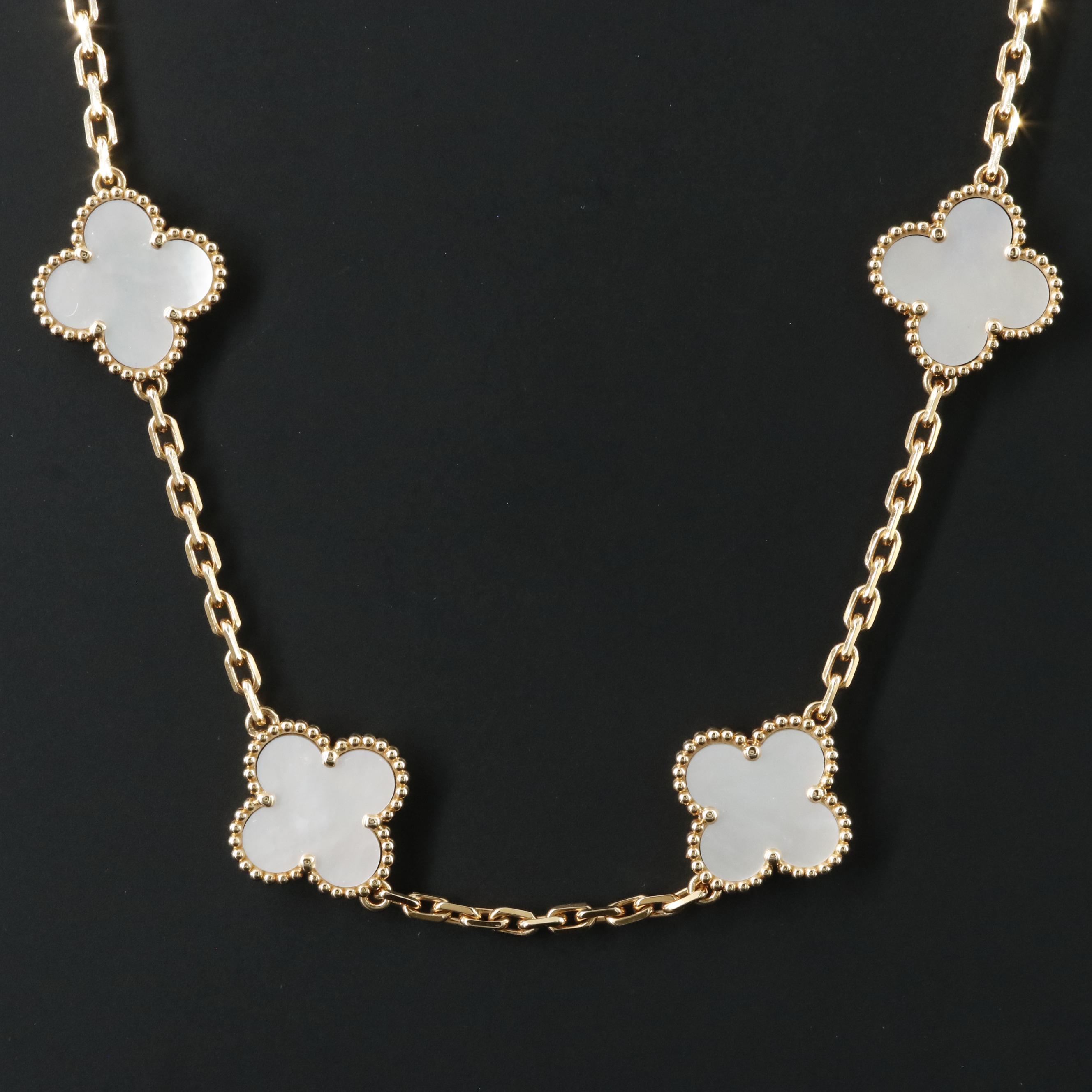 Van Cleef & Arpels Vintage Alhambra 18K Mother of Pearl Necklace 10 Motifs