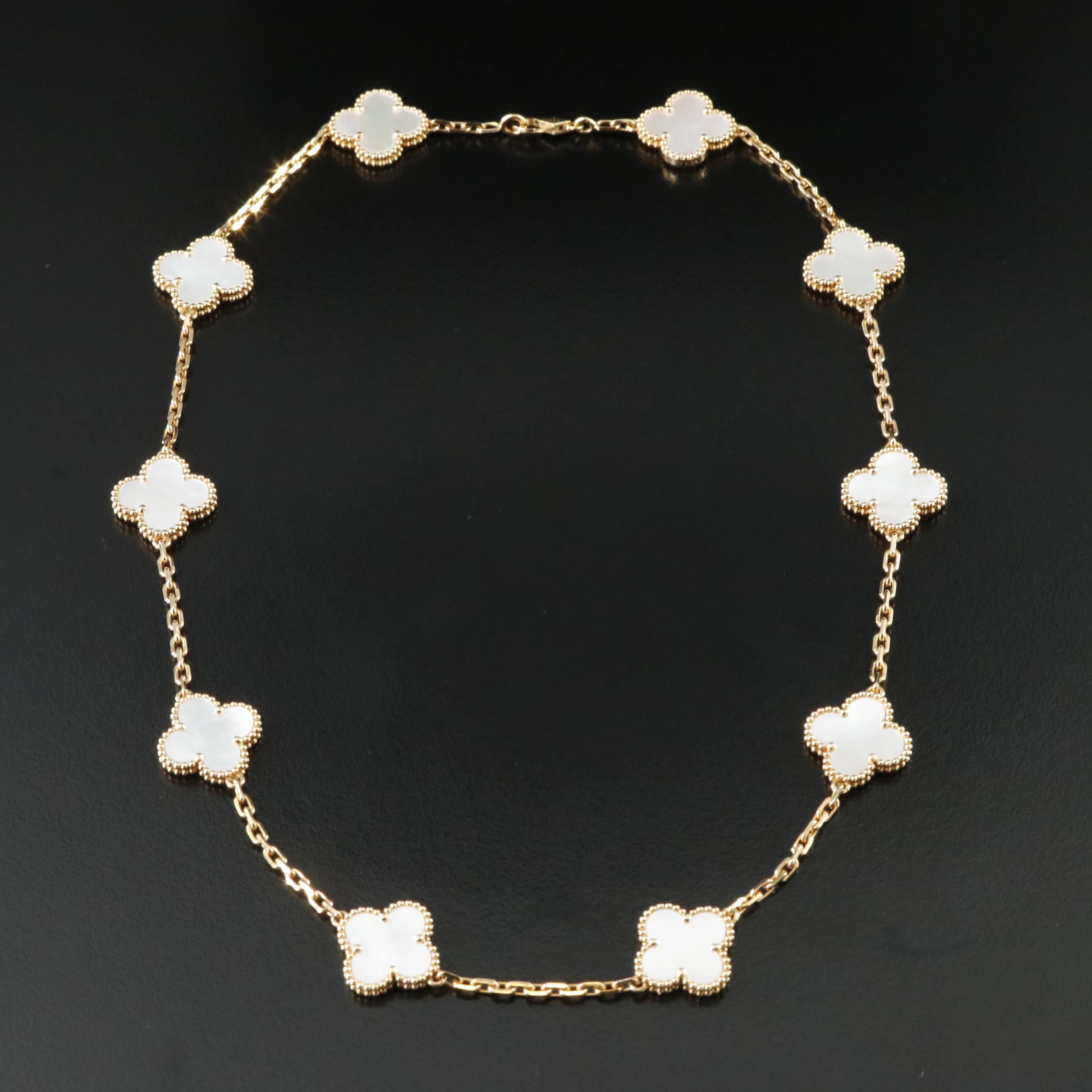 Van Cleef & Arpels Vintage Alhambra 18K Mother of Pearl Necklace 10 Motifs