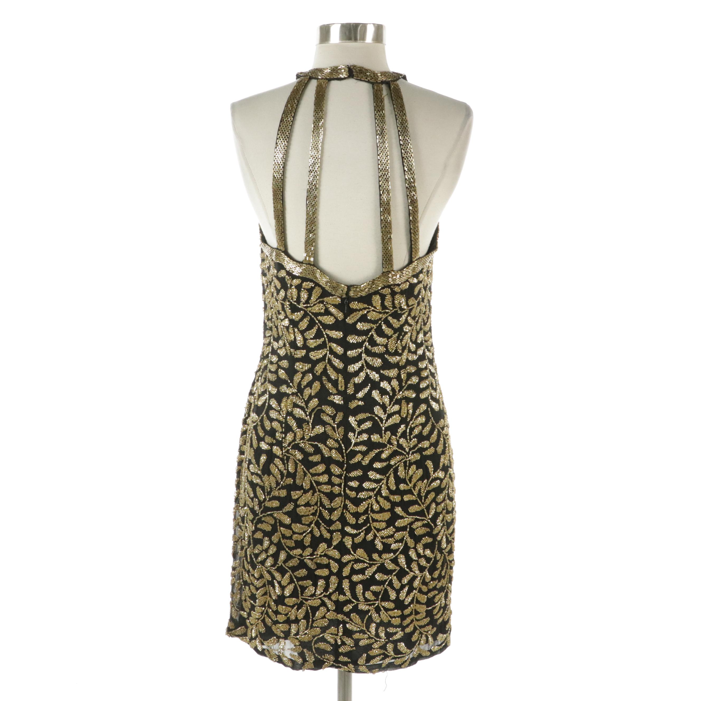 Black Tie by Oleg Cassini Leaf Motif Bead Embellished Silk Evening Dress