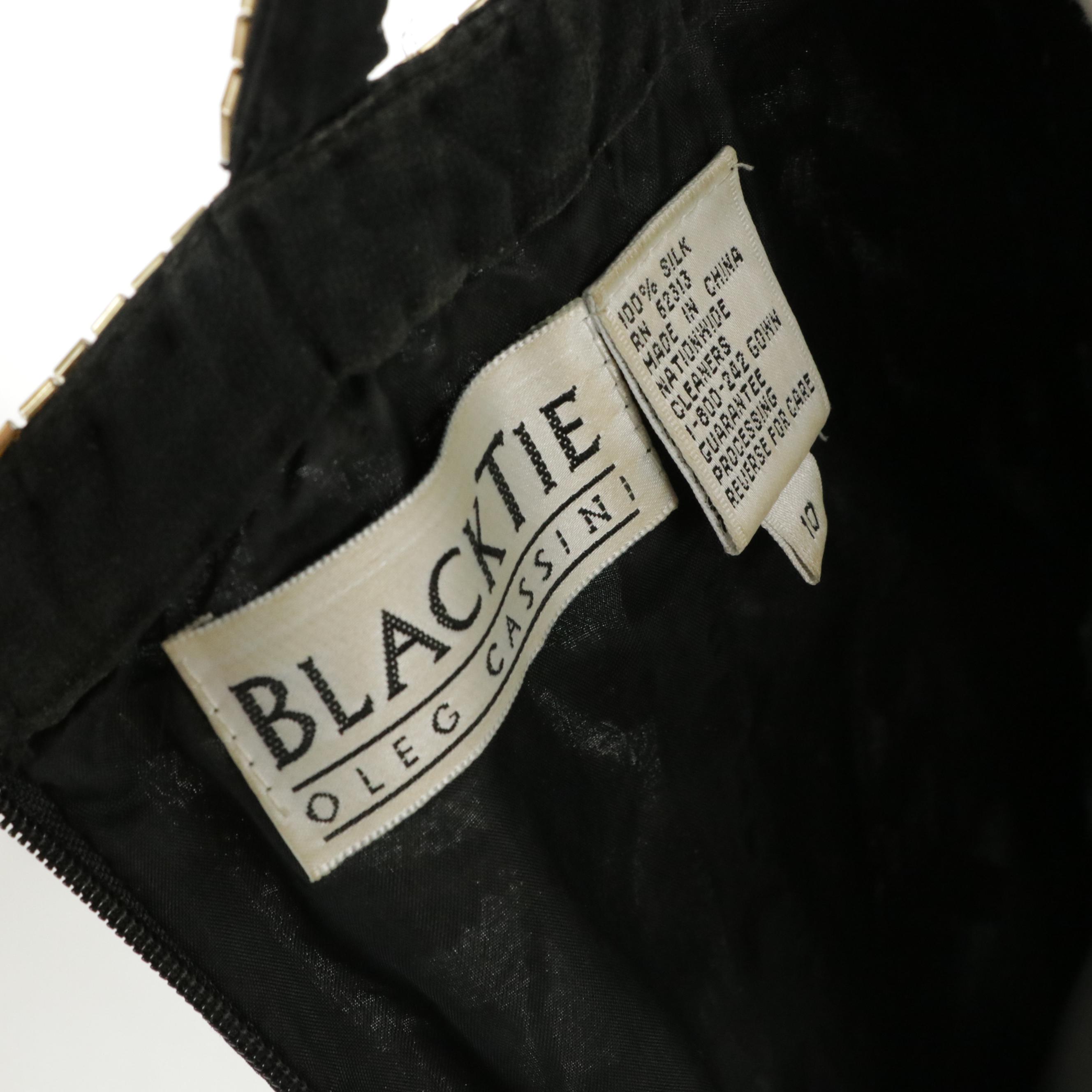 Black Tie by Oleg Cassini Leaf Motif Bead Embellished Silk Evening Dress