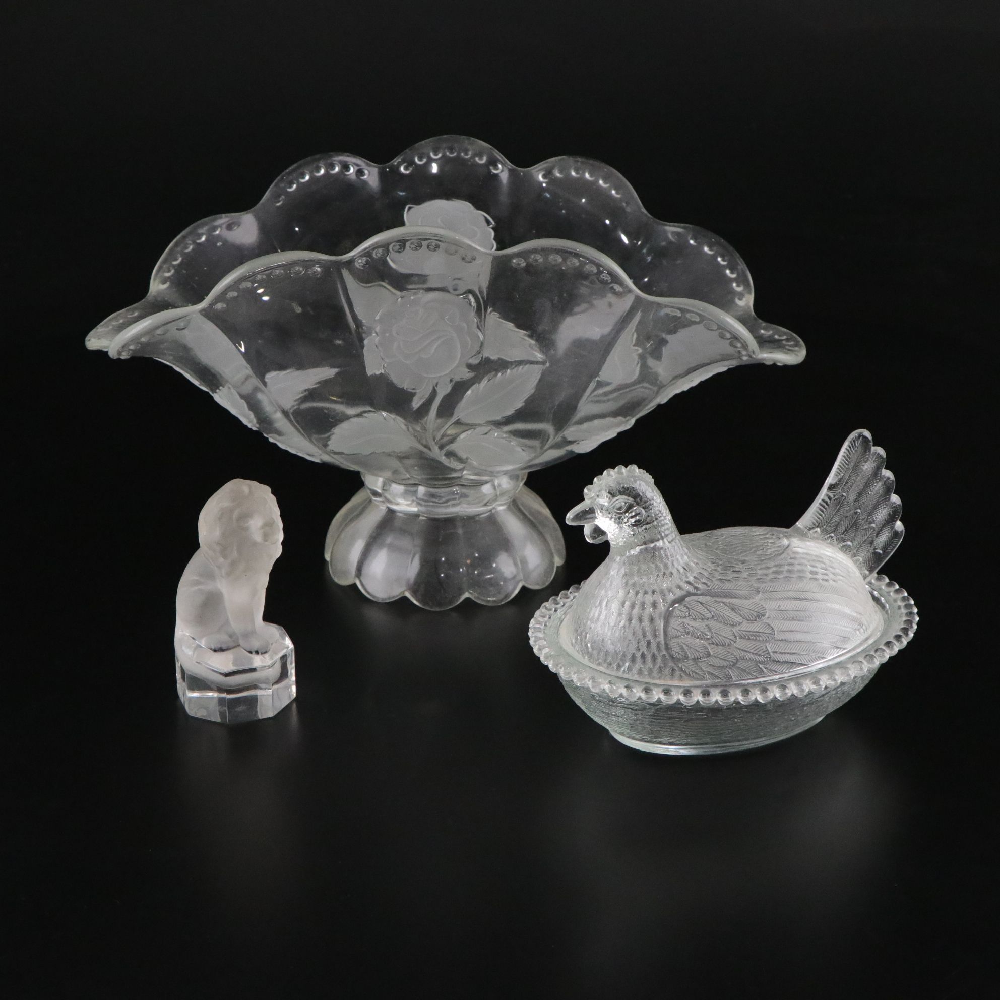 Frosted Rose Fruit Bowl, Roosting Chicken Dish & More
