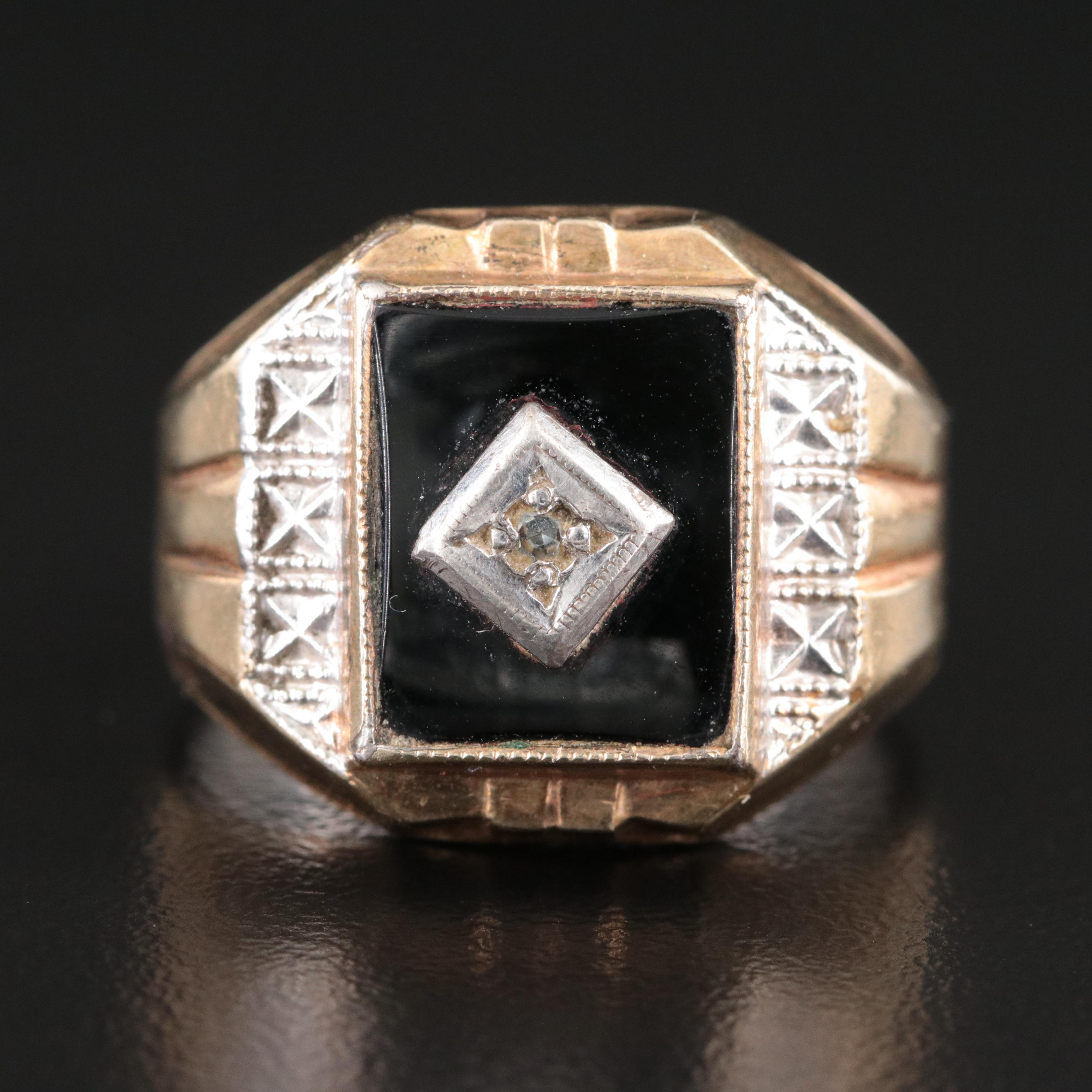 Sterling Black Onyx and Diamond Ring with 10K Accent
