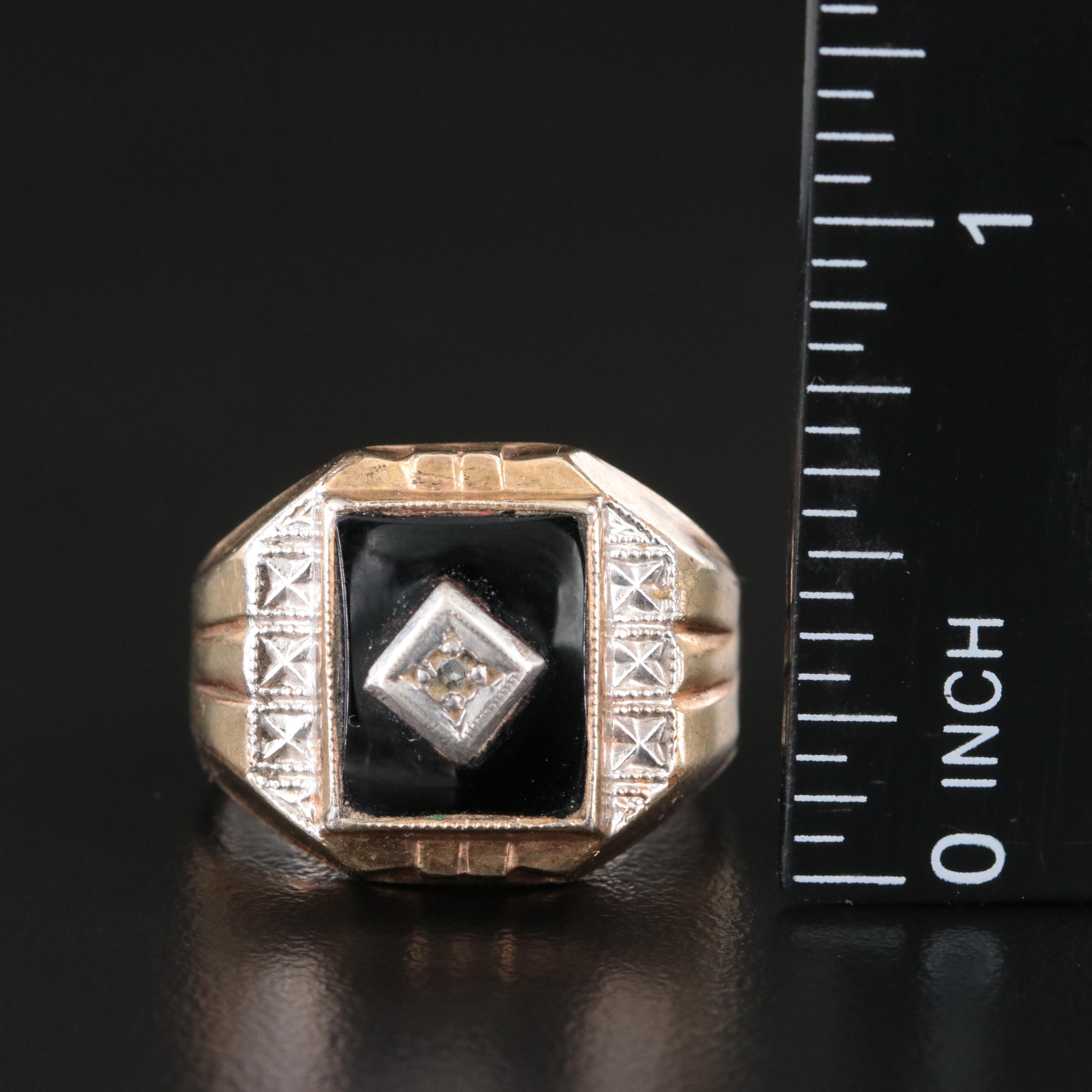 Sterling Black Onyx and Diamond Ring with 10K Accent