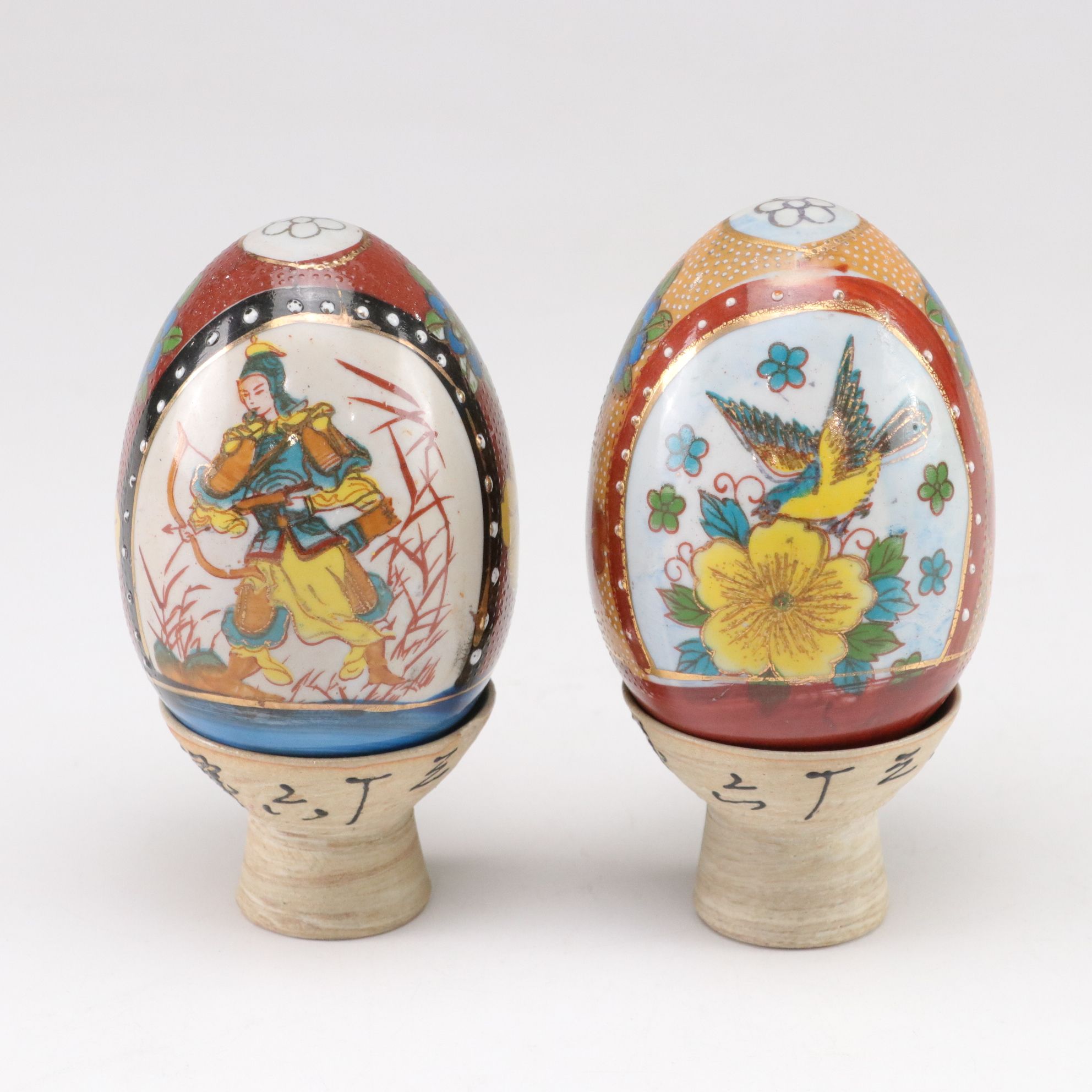Hand-Painted Satsuma Style Porcelain Eggs with Stands