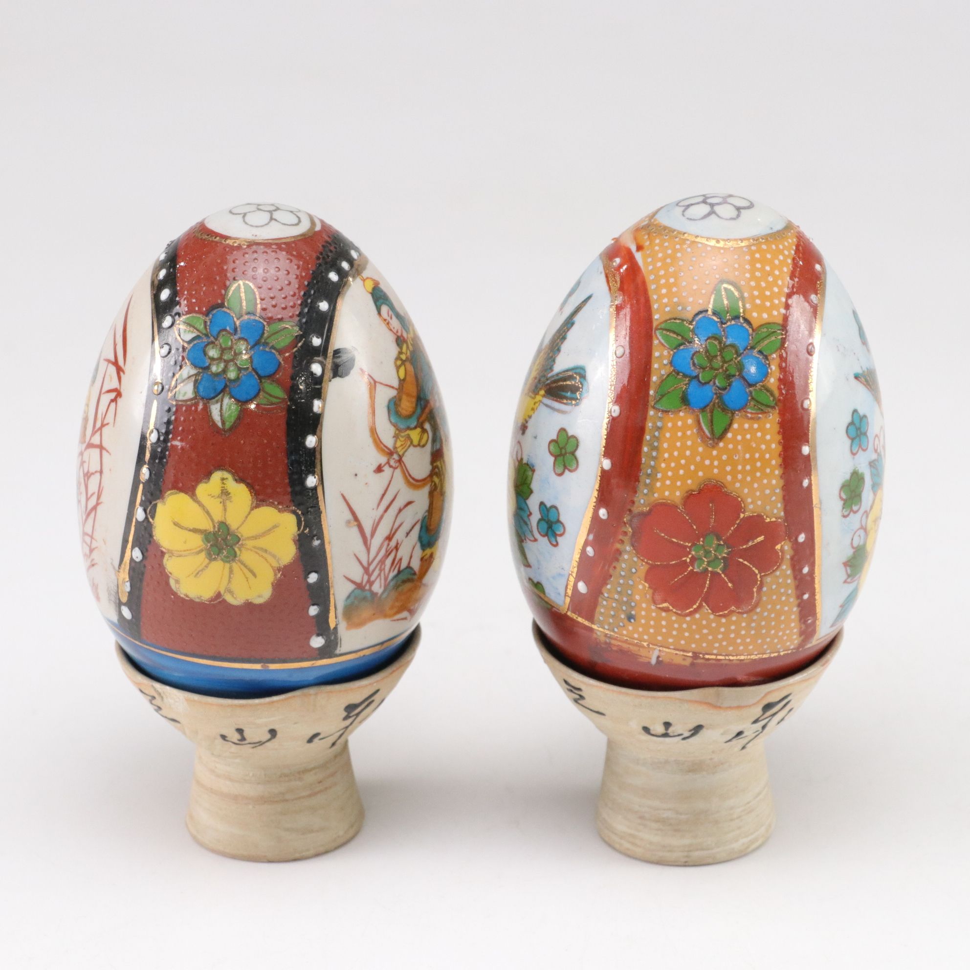 Hand-Painted Satsuma Style Porcelain Eggs with Stands