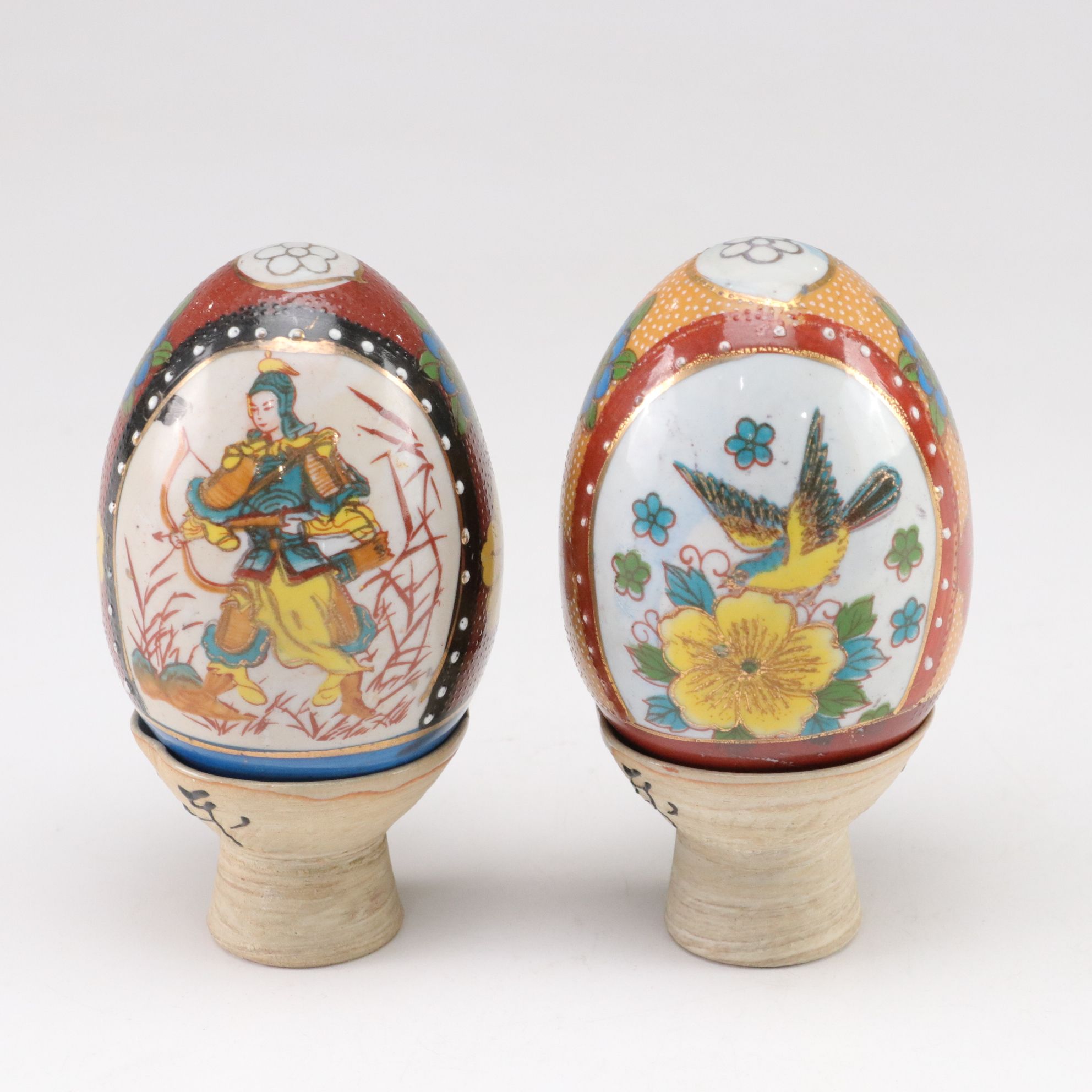 Hand-Painted Satsuma Style Porcelain Eggs with Stands