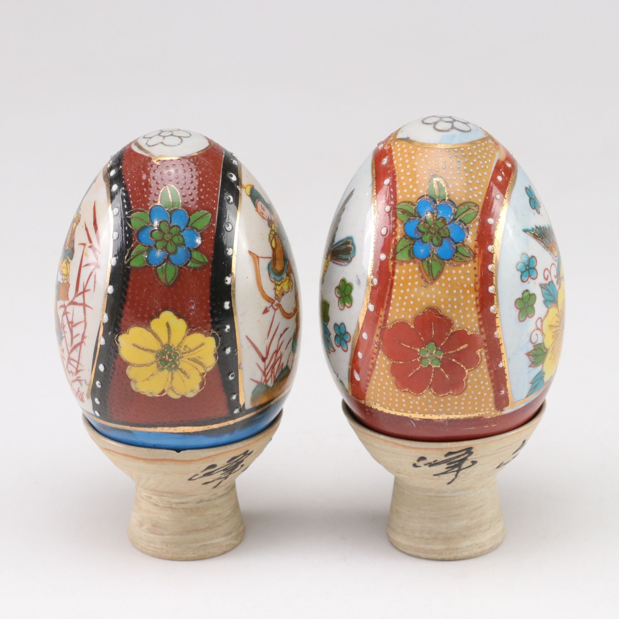 Hand-Painted Satsuma Style Porcelain Eggs with Stands
