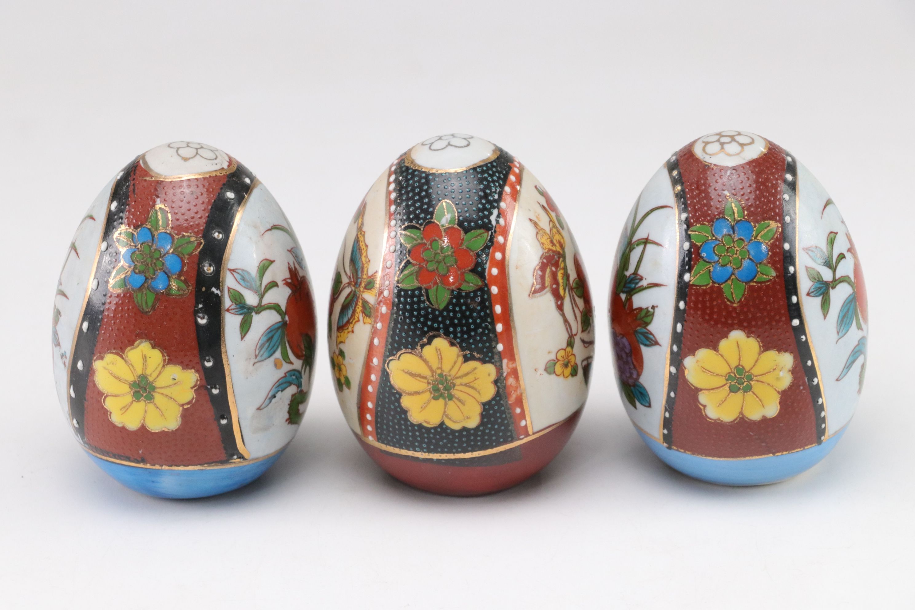 Hand-Painted Satsuma Style Porcelain Eggs with Stands