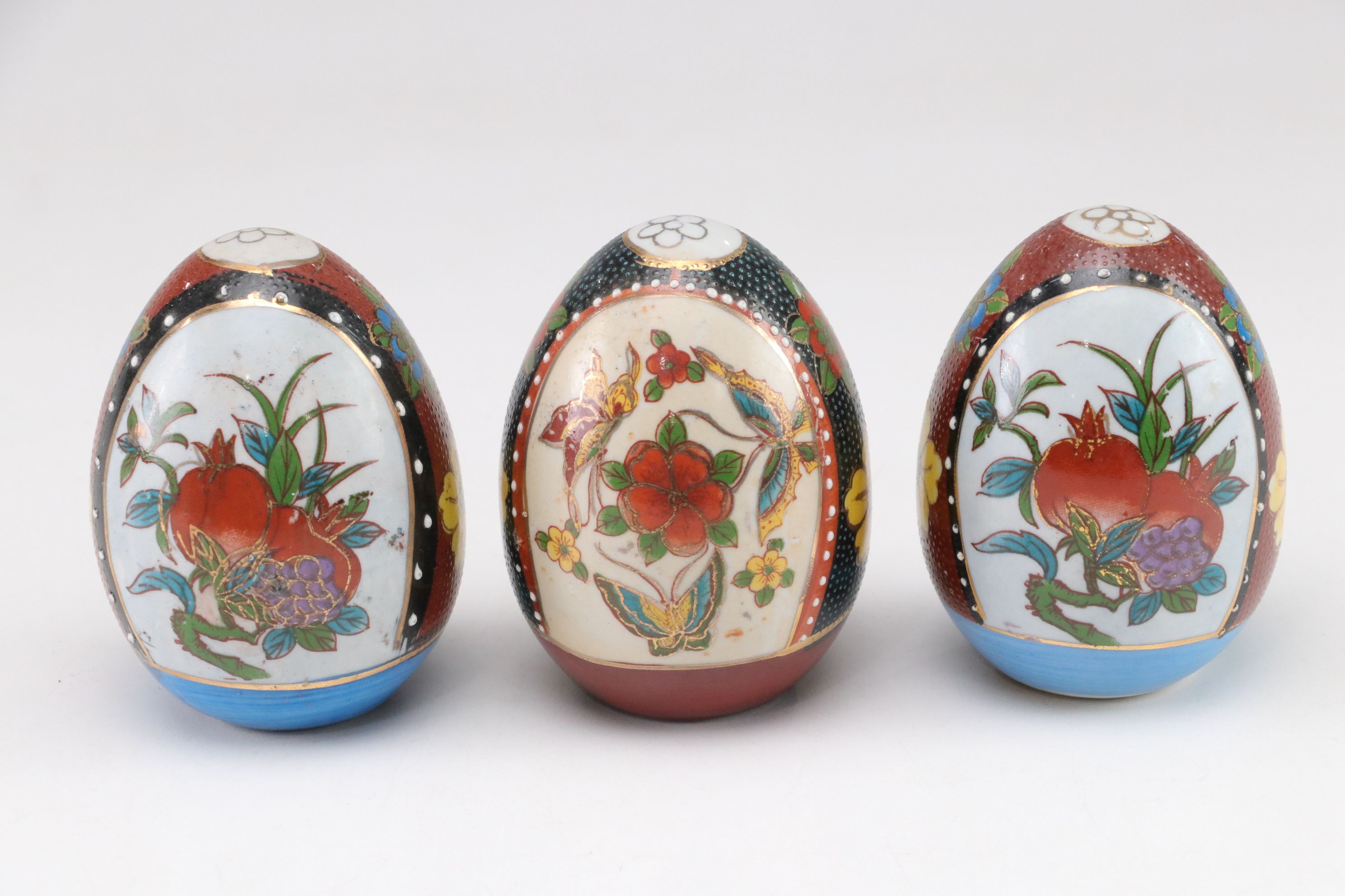 Hand-Painted Satsuma Style Porcelain Eggs with Stands
