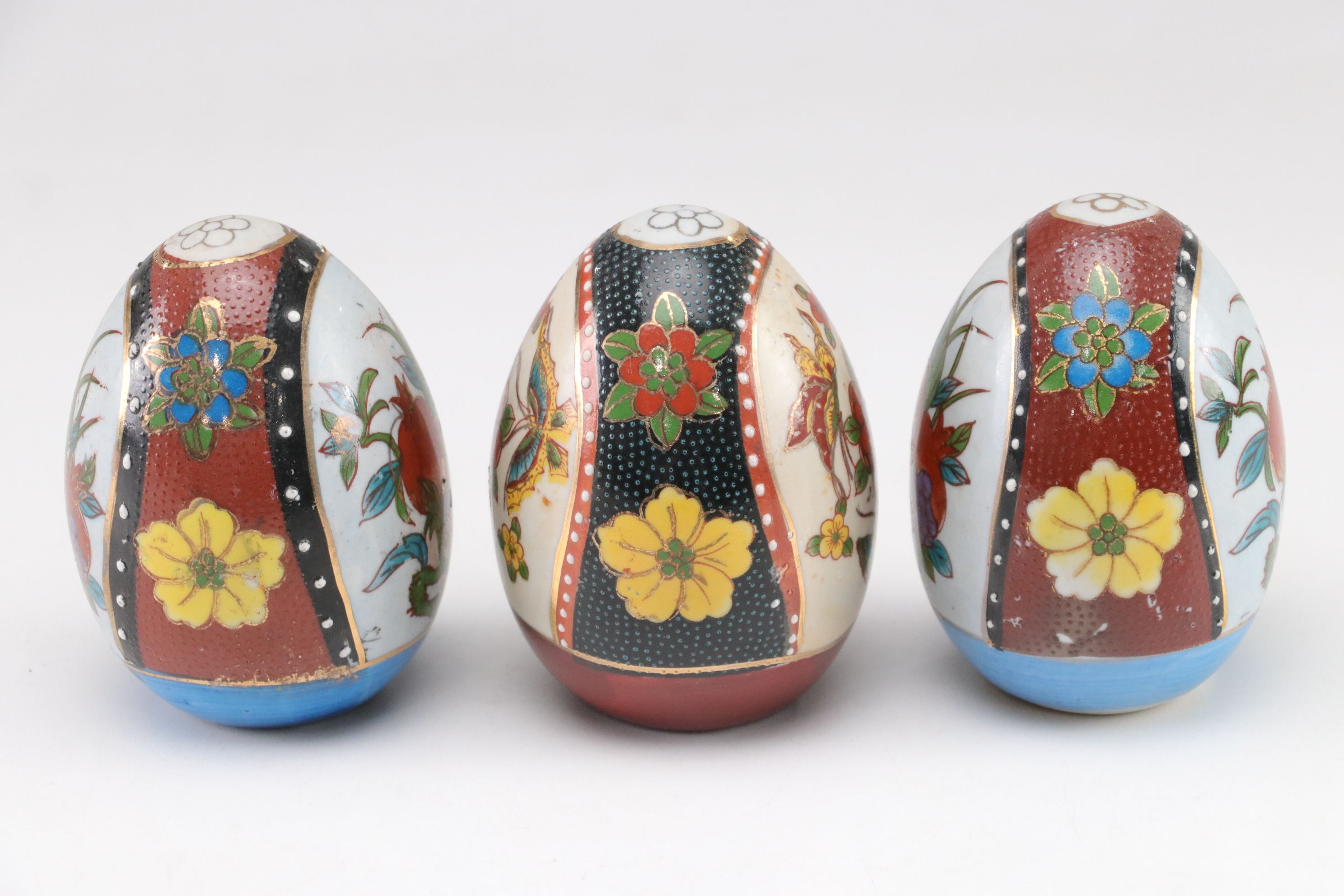 Hand-Painted Satsuma Style Porcelain Eggs with Stands