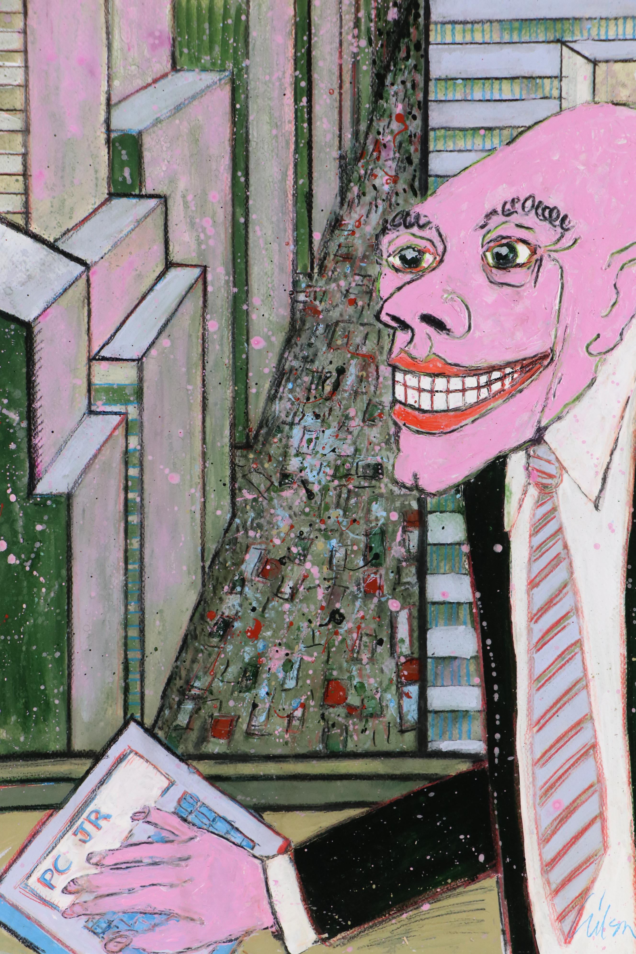 Harry Hilson Acrylic Painting of Politician Caricature, Late 20th Century