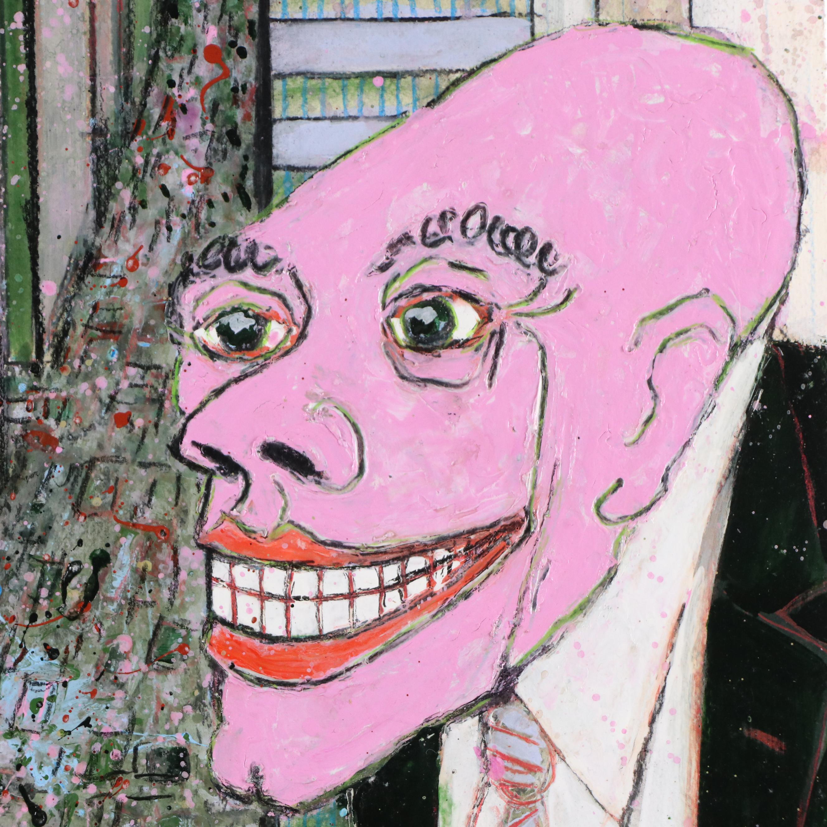 Harry Hilson Acrylic Painting of Politician Caricature, Late 20th Century