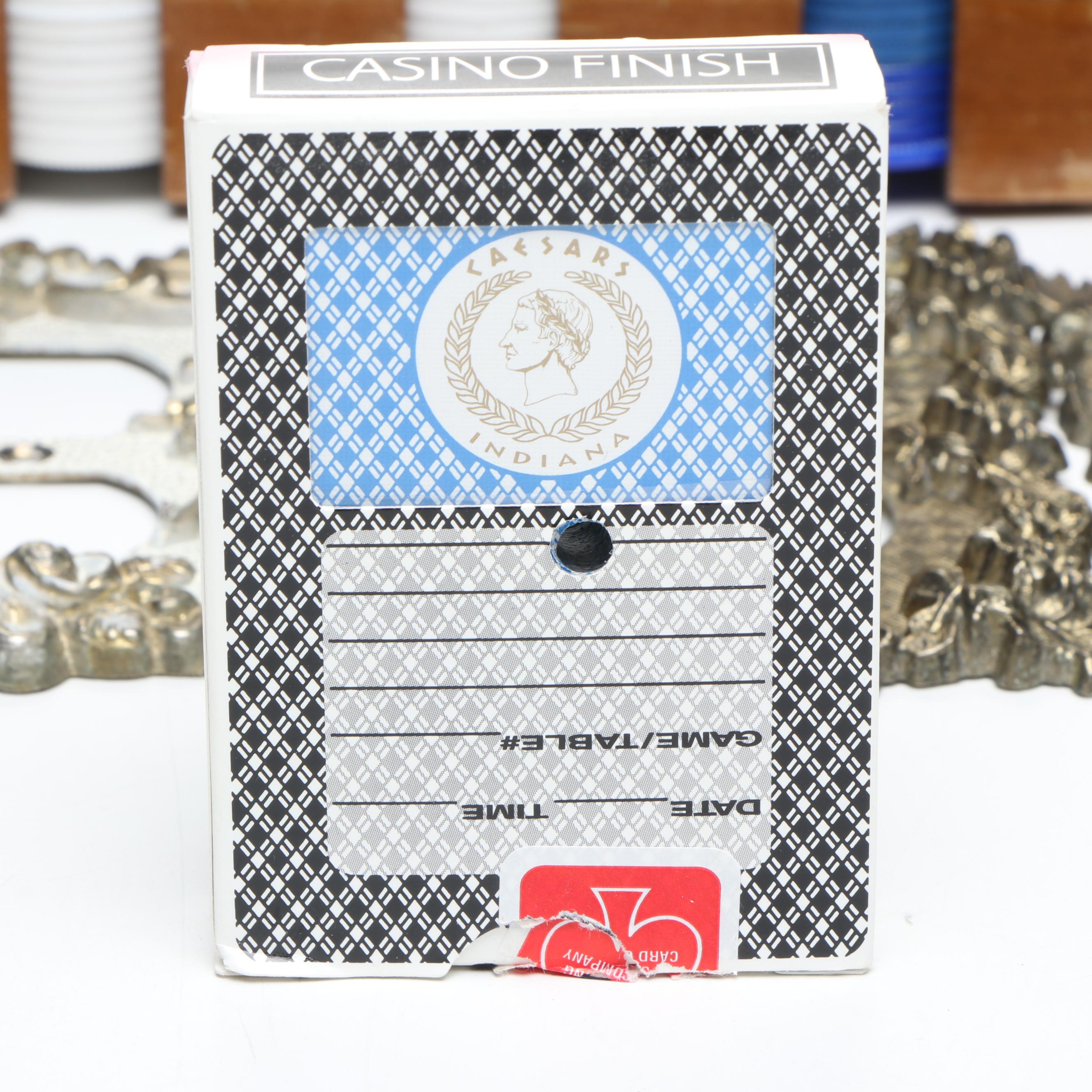Acrylic Poker Chips with Walnut Caddy, Punched Caesar's Casino Cards, More