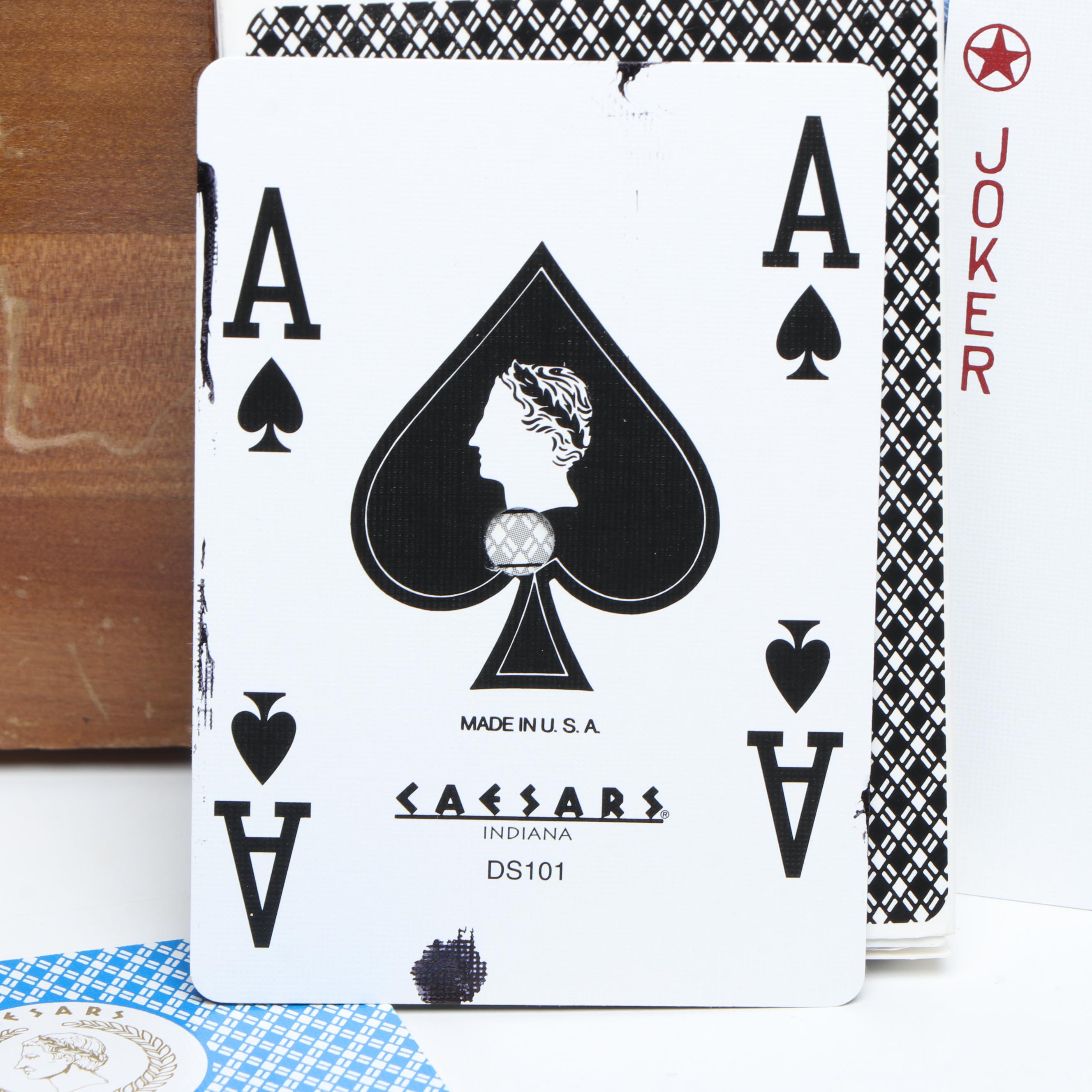 Acrylic Poker Chips with Walnut Caddy, Punched Caesar's Casino Cards, More