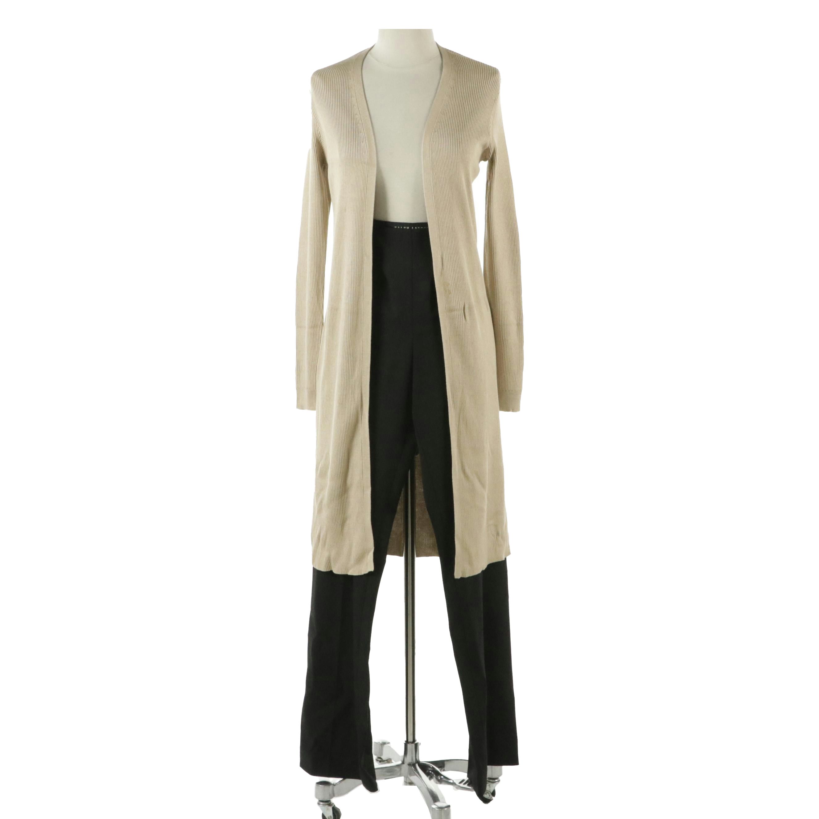 Ralph Lauren Silk Ribbed Long Cardigan and Wool Straight-Leg Trousers