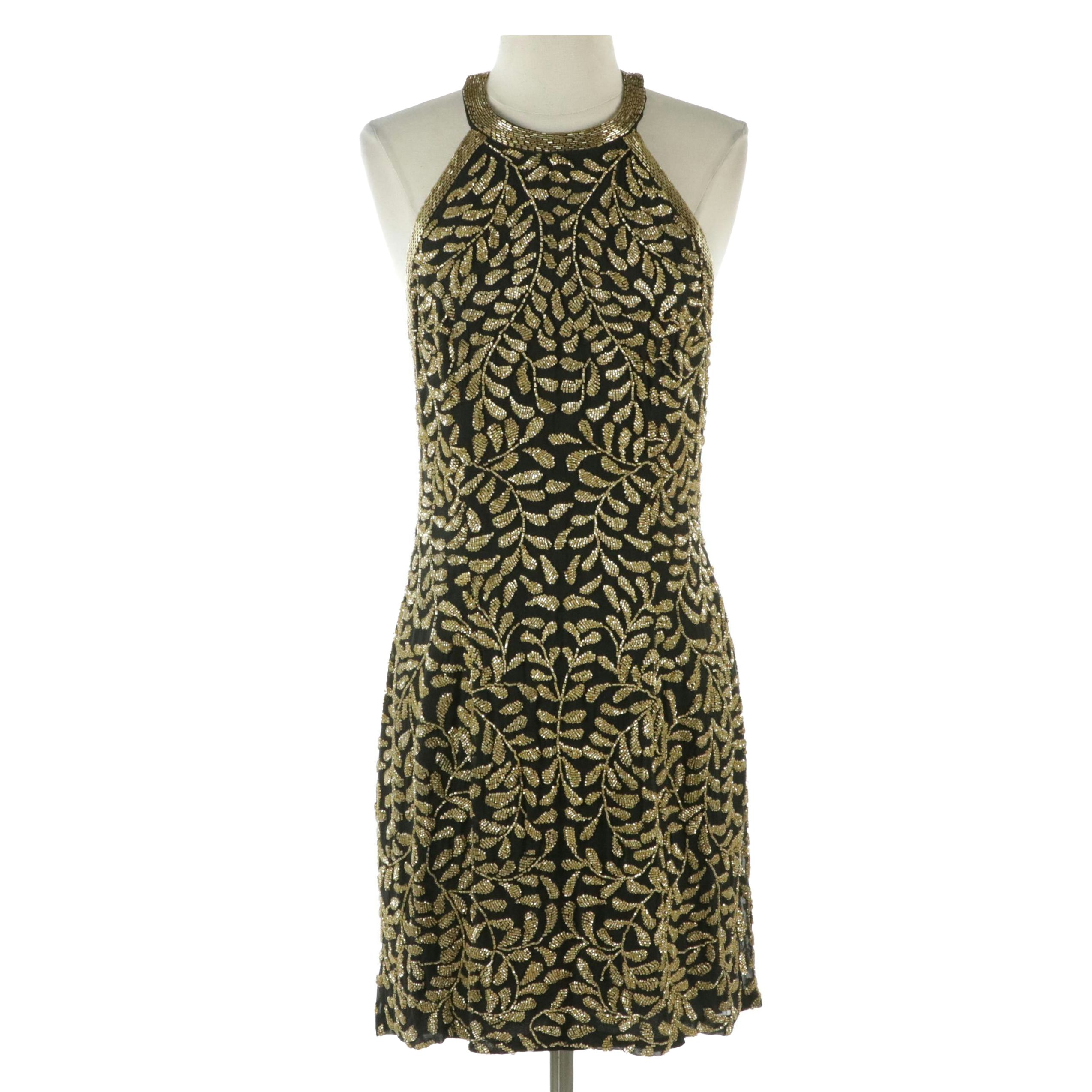 Black Tie by Oleg Cassini Leaf Motif Bead Embellished Silk Evening Dress