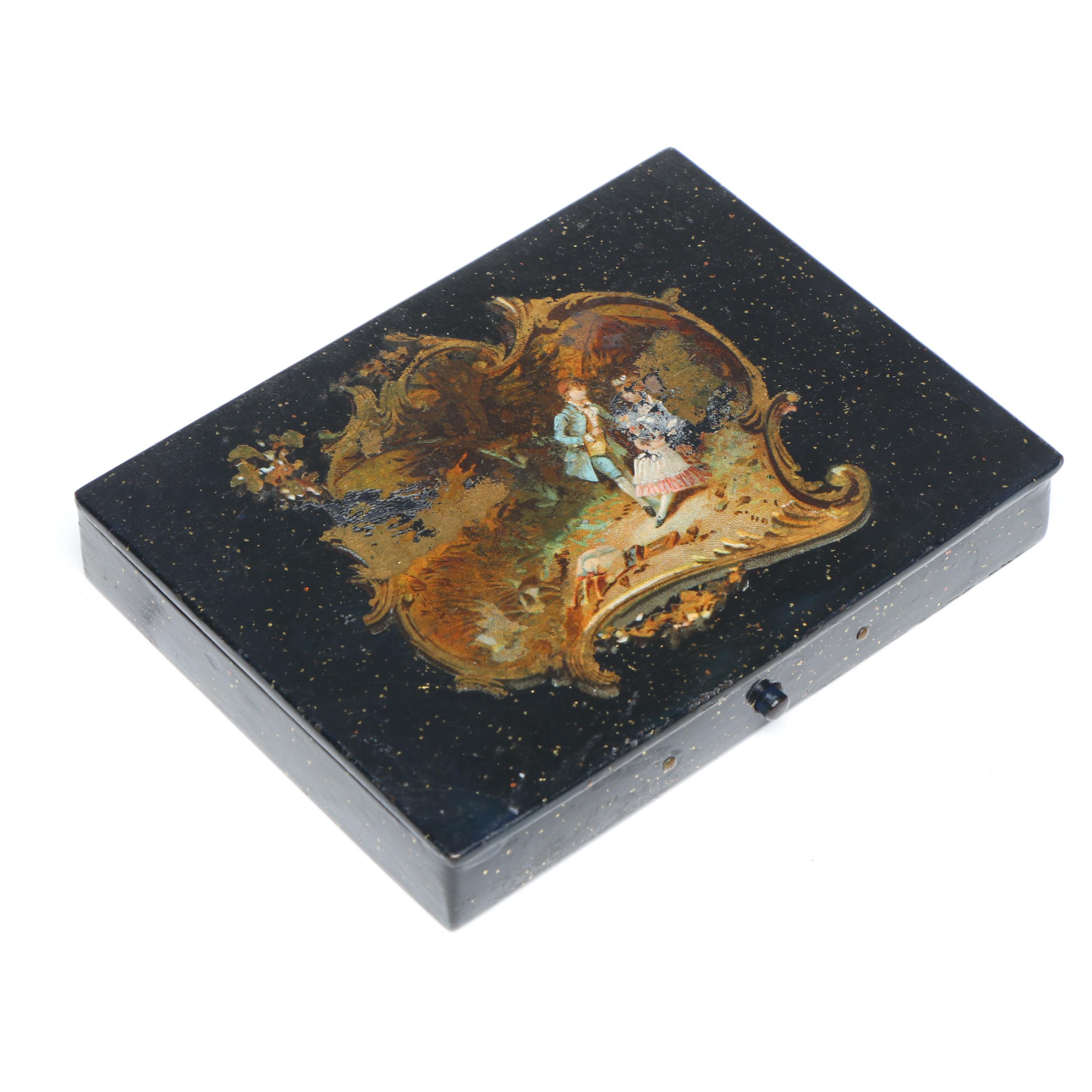 French Papier-Mâché Makeup Box with Papier-Mâché Gold Pattern Snuff Box