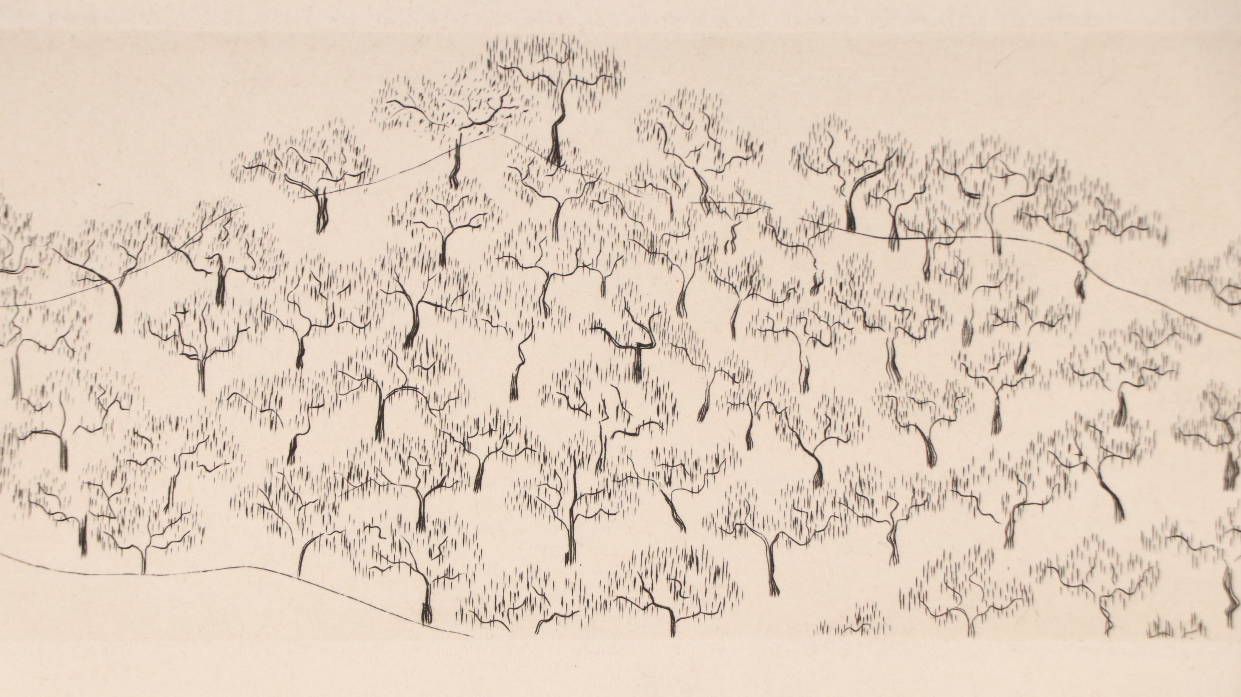 French Etching With Drypoint of Forested Landscape in Snow