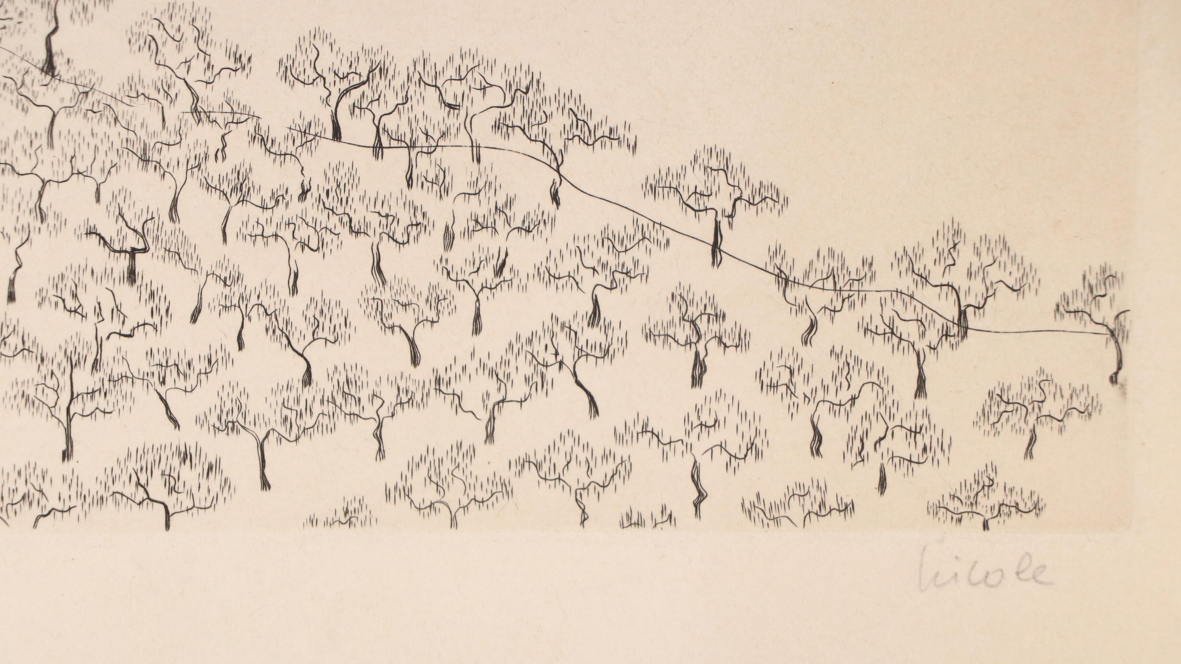 French Etching With Drypoint of Forested Landscape in Snow