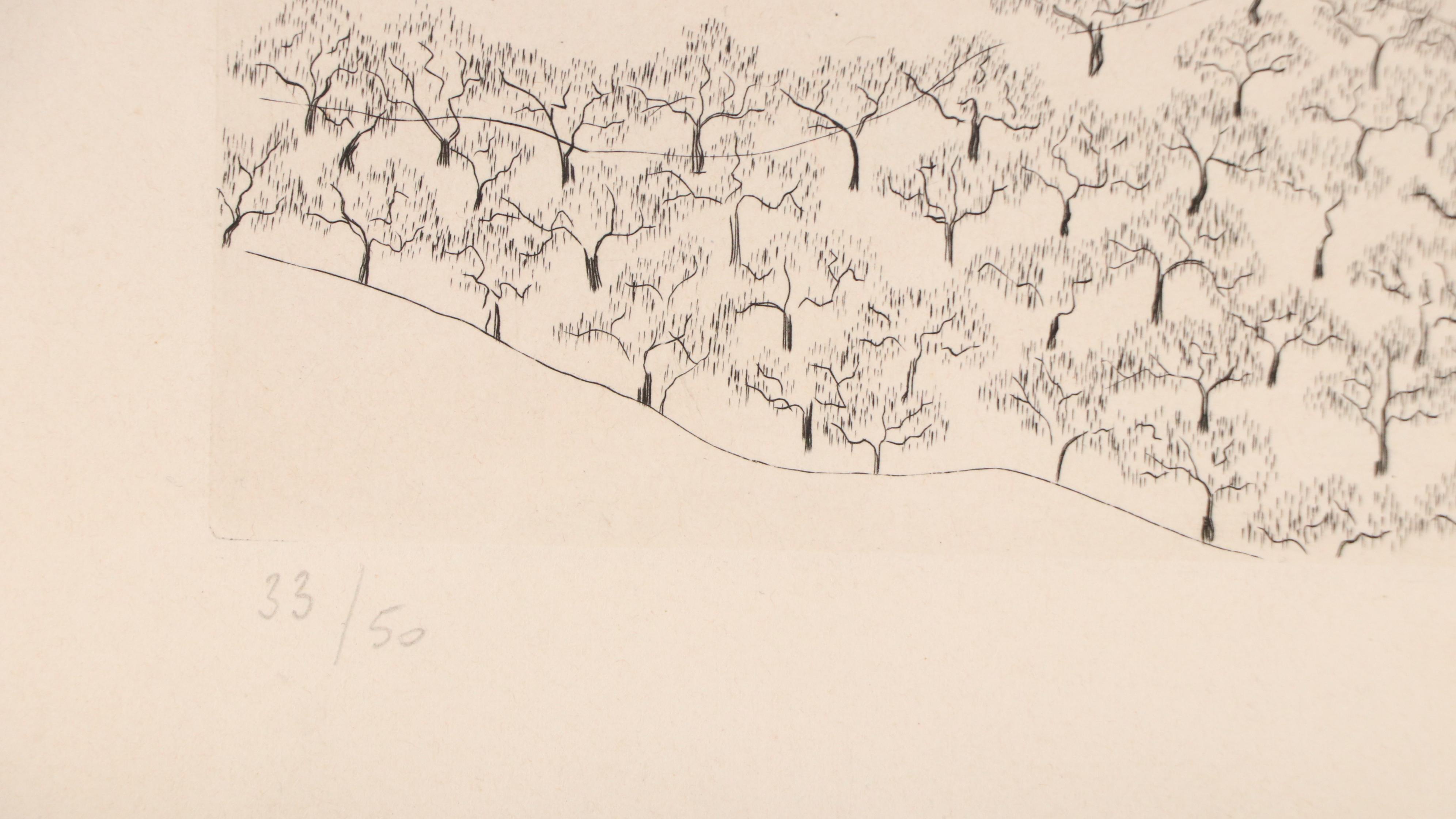 French Etching With Drypoint of Forested Landscape in Snow