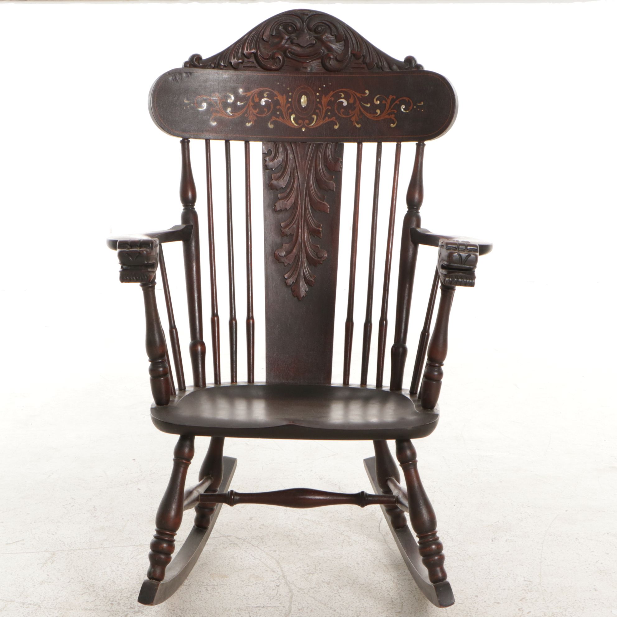 Rocking Chair with Carved Face and Mother-of-Pearl Inlay, Early 20th Century