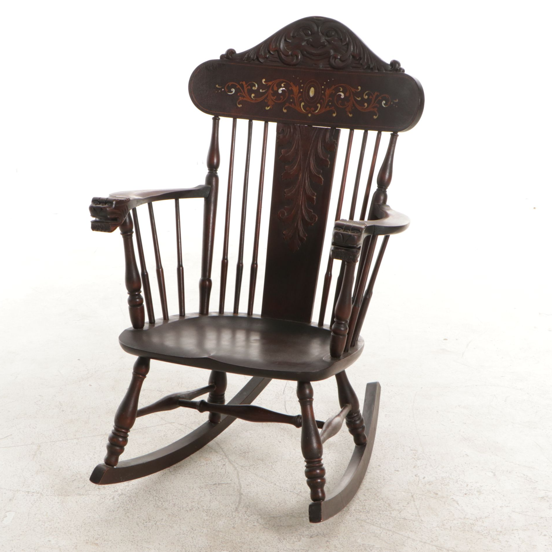 Rocking Chair with Carved Face and Mother-of-Pearl Inlay, Early 20th Century