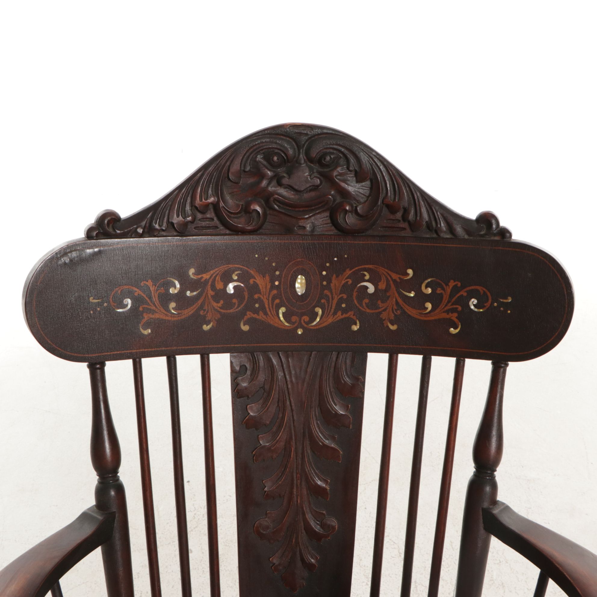 Rocking Chair with Carved Face and Mother-of-Pearl Inlay, Early 20th Century