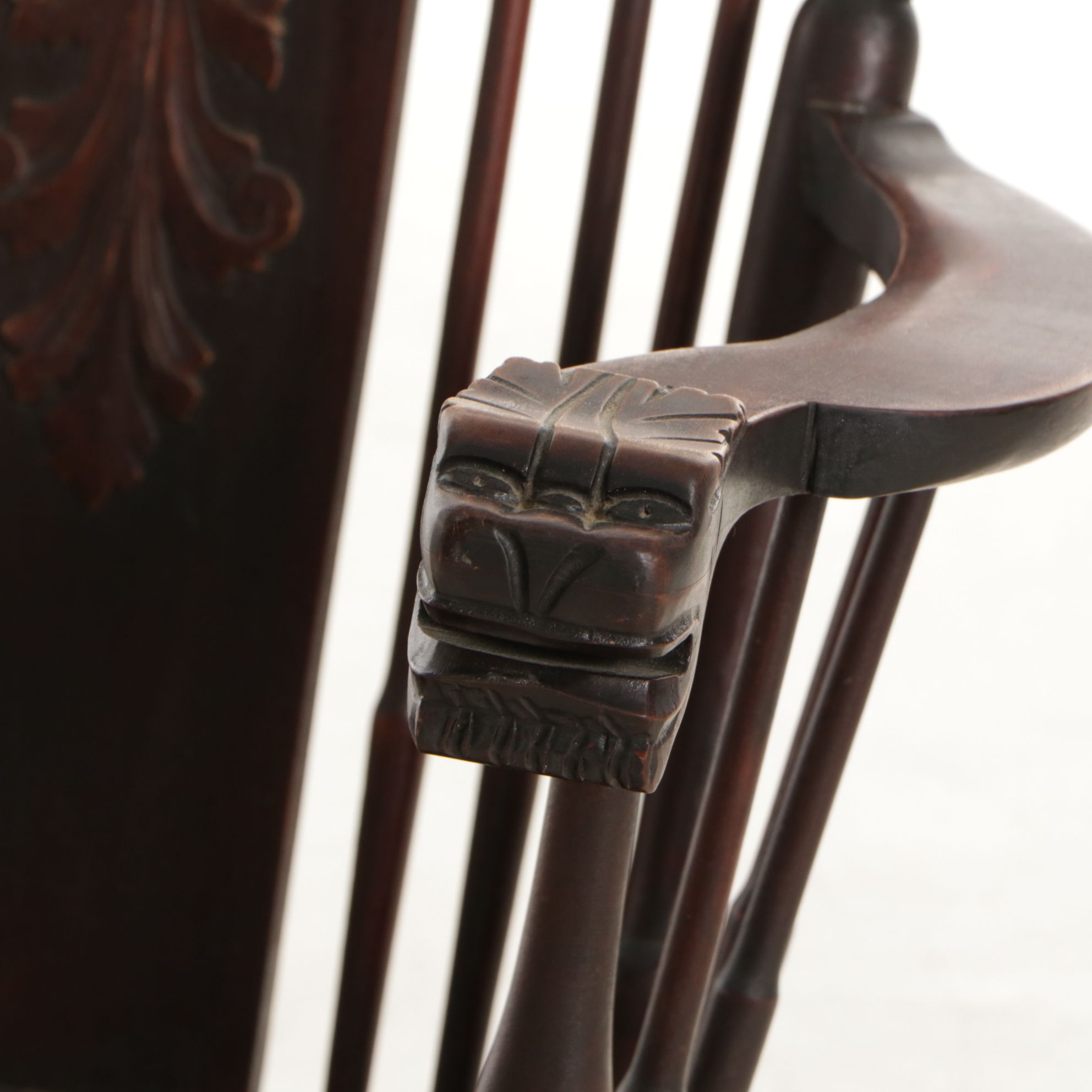 Rocking Chair with Carved Face and Mother-of-Pearl Inlay, Early 20th Century
