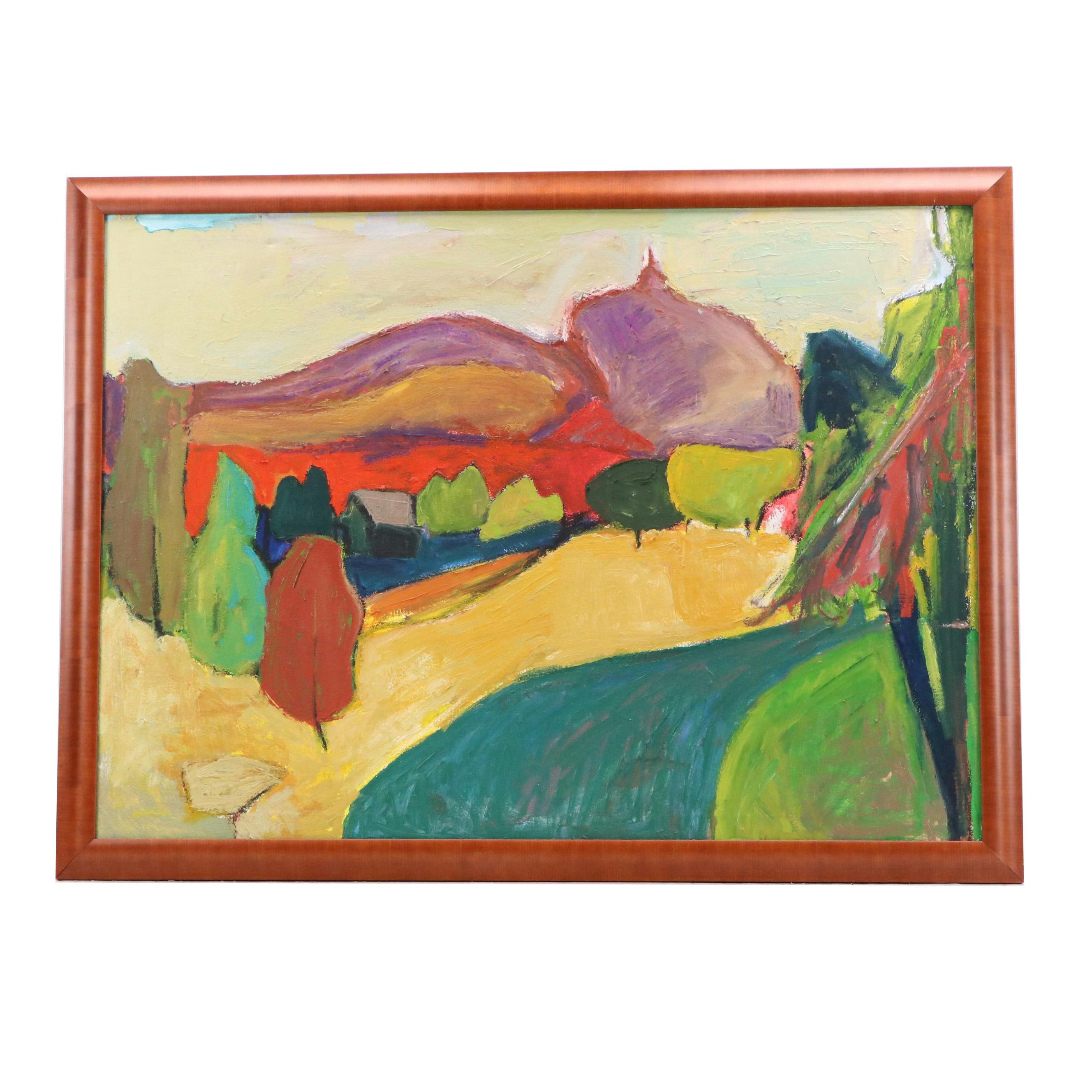 Large-Scale Stylized Oil Painting of Colorful Rural Landscape