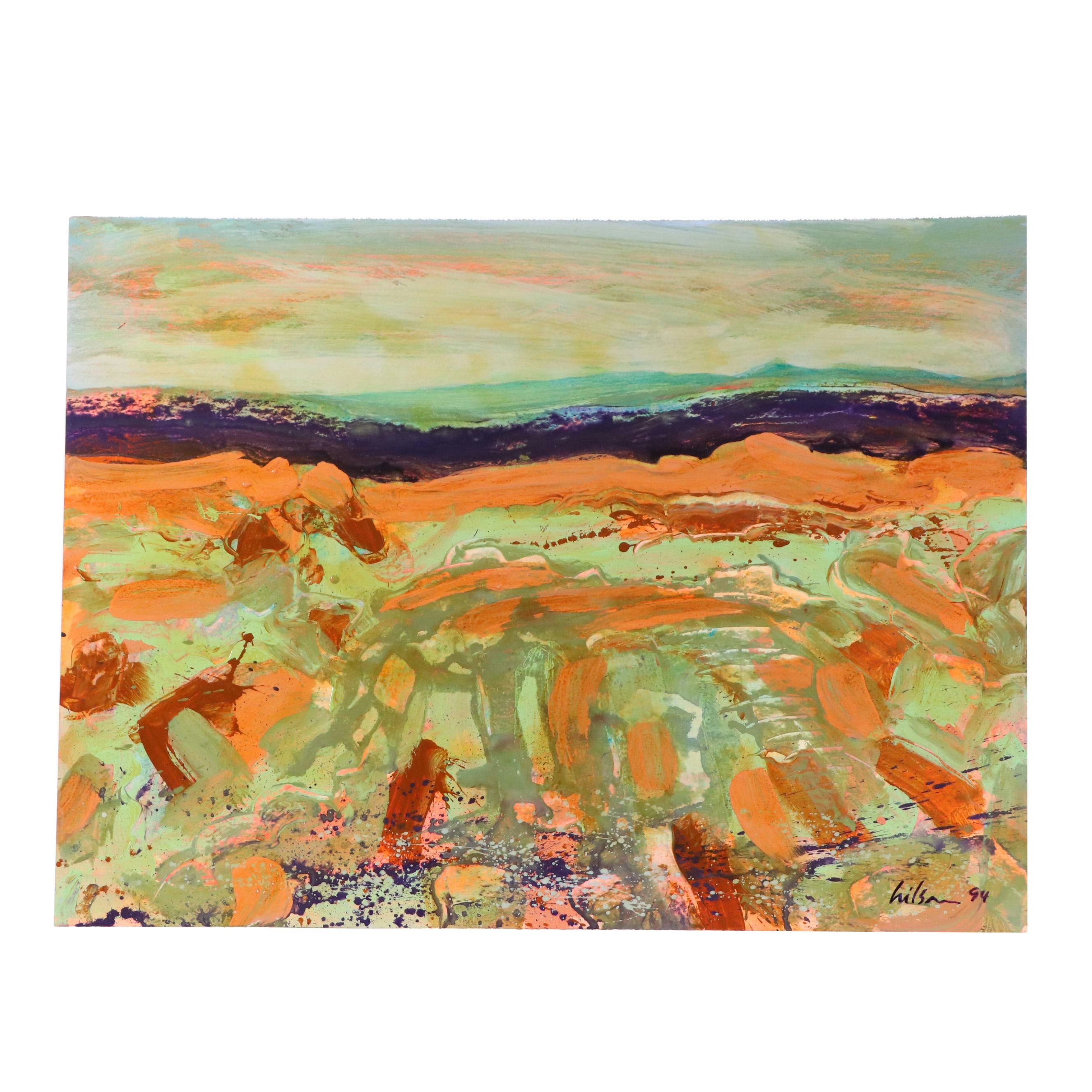 Harry Hilson Acrylic Painting of Abstracted Landscape, 1994