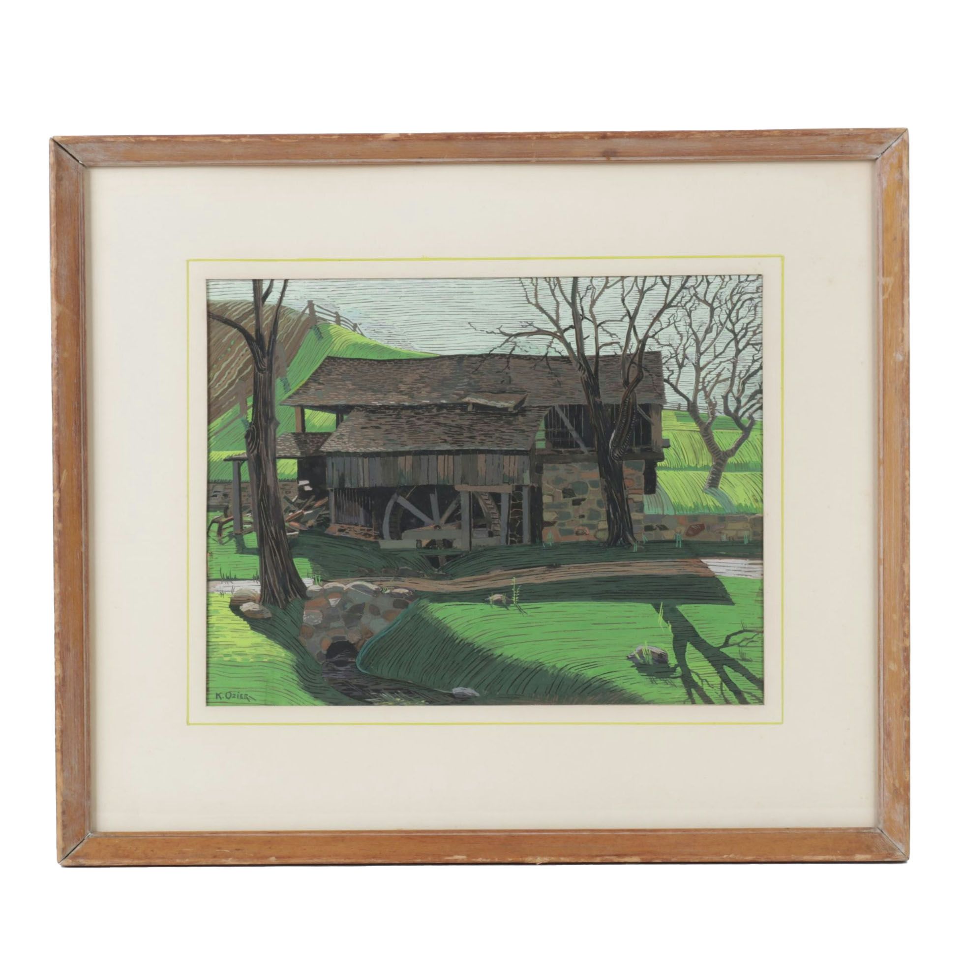 Kenneth Ozier "Moses Mill" Linocut, 1932