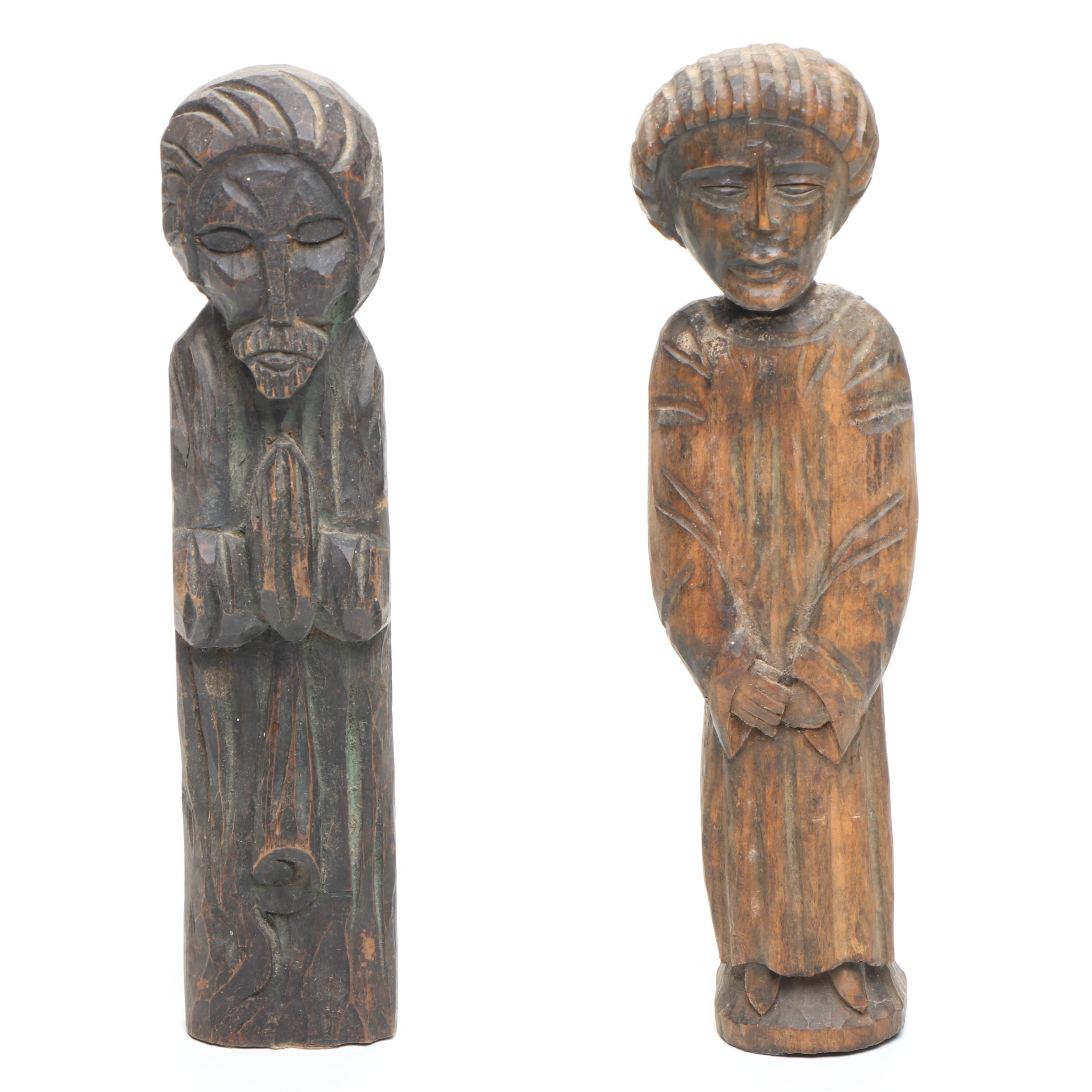 Maori Crouching Warrior Sculpture with Wooden Carved Santos Figures