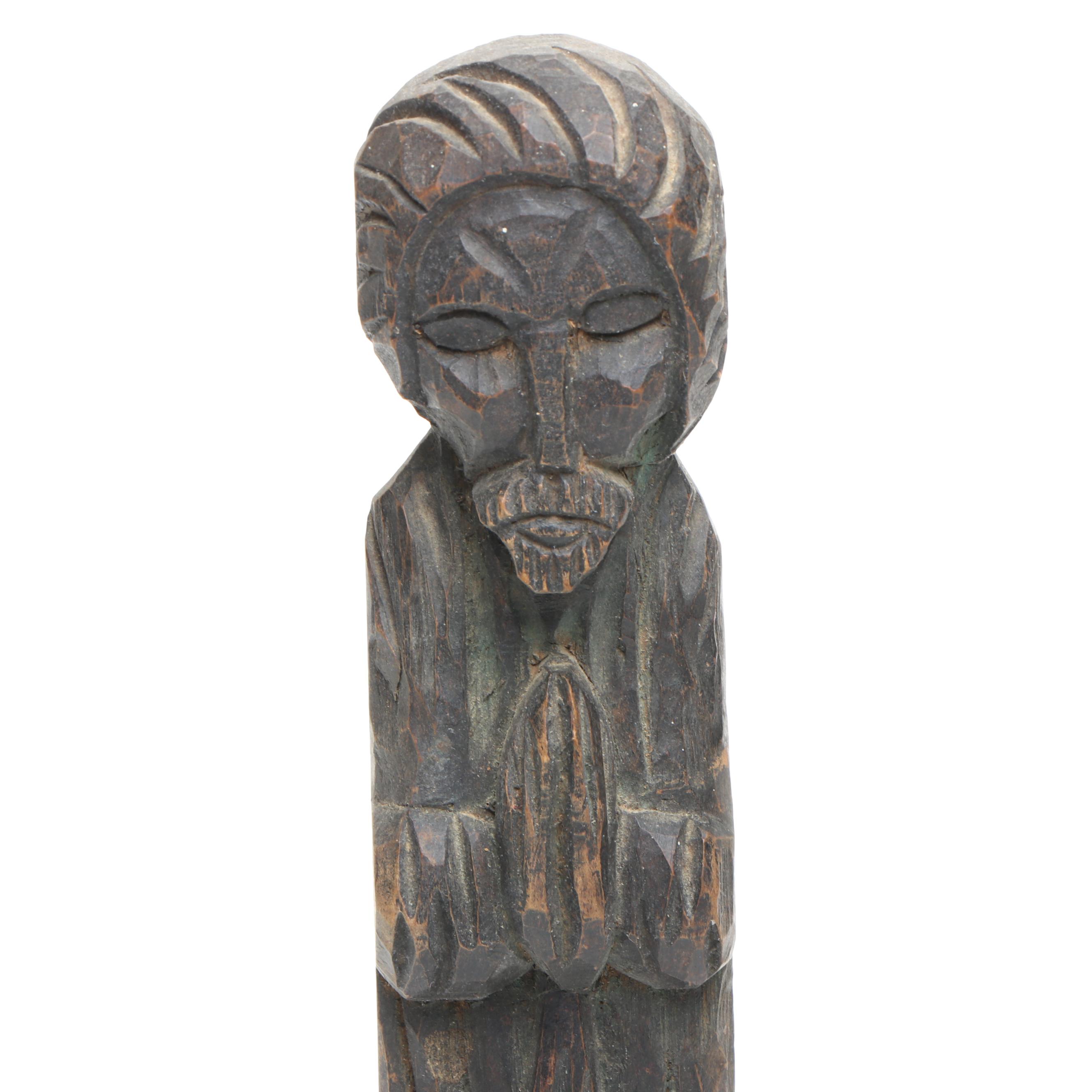 Maori Crouching Warrior Sculpture with Wooden Carved Santos Figures