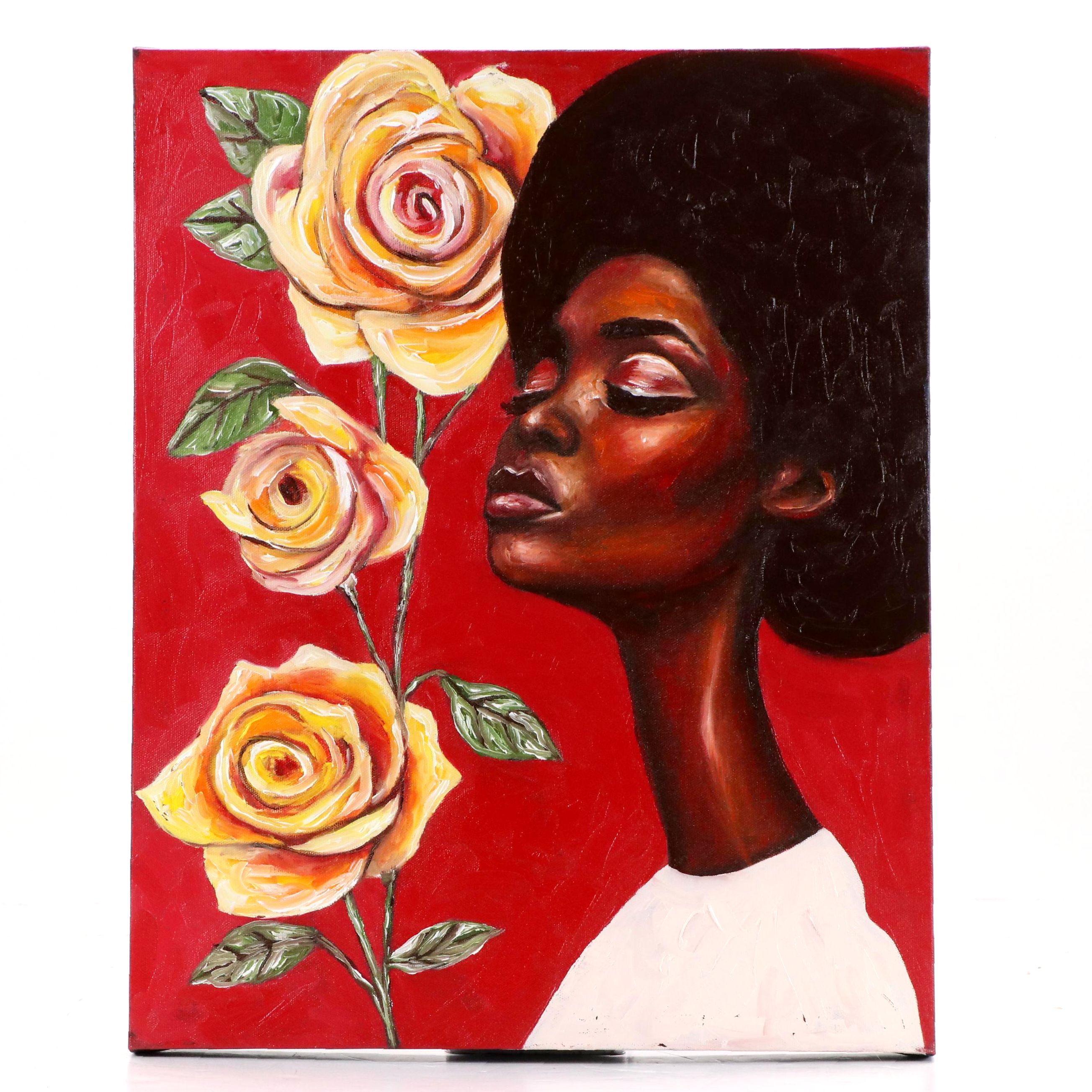 Oluwakemi Omowaire Oil Portrait Painting of Woman Smelling Roses, 21st Century