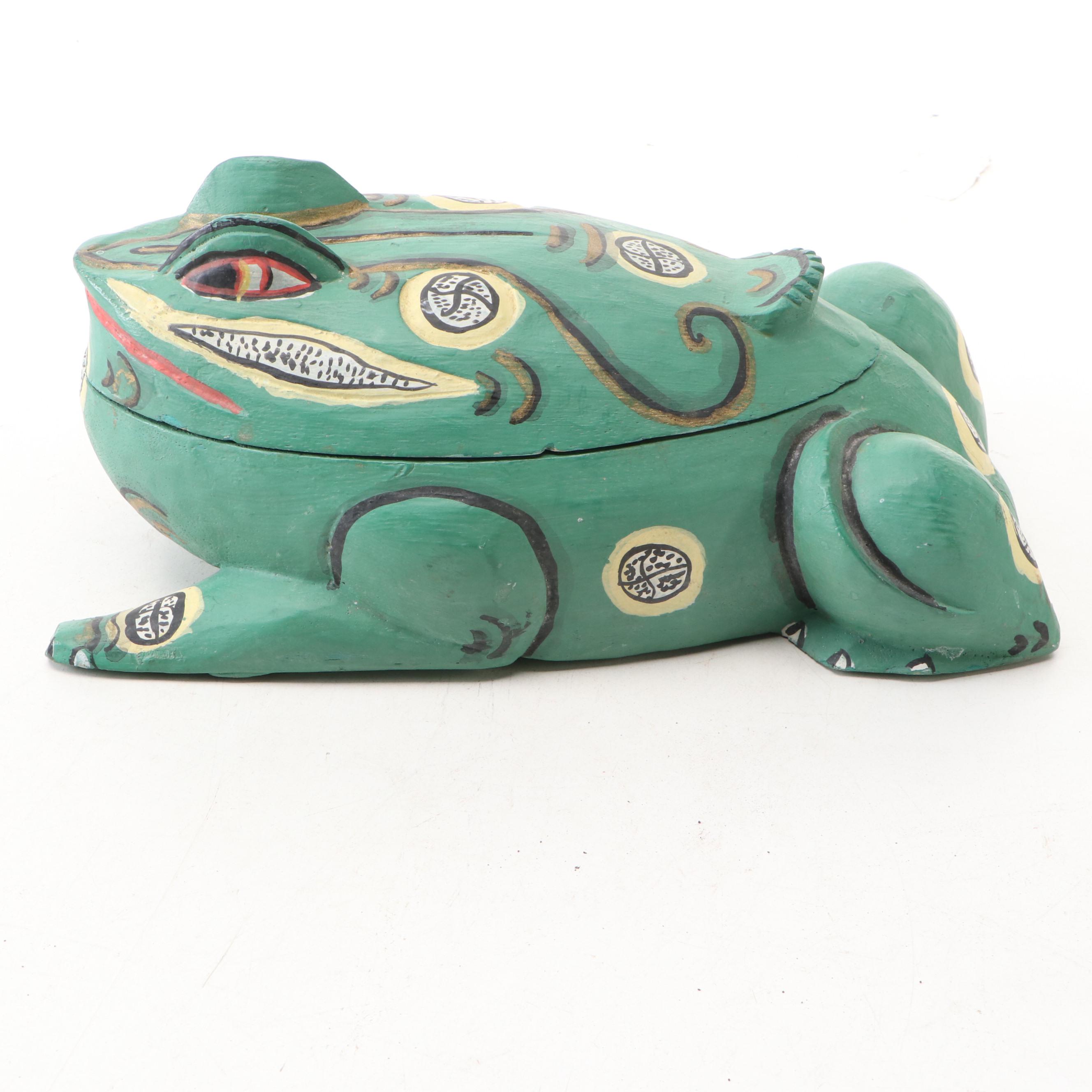 Indonesian Hand-Painted Wood Frog Vessel