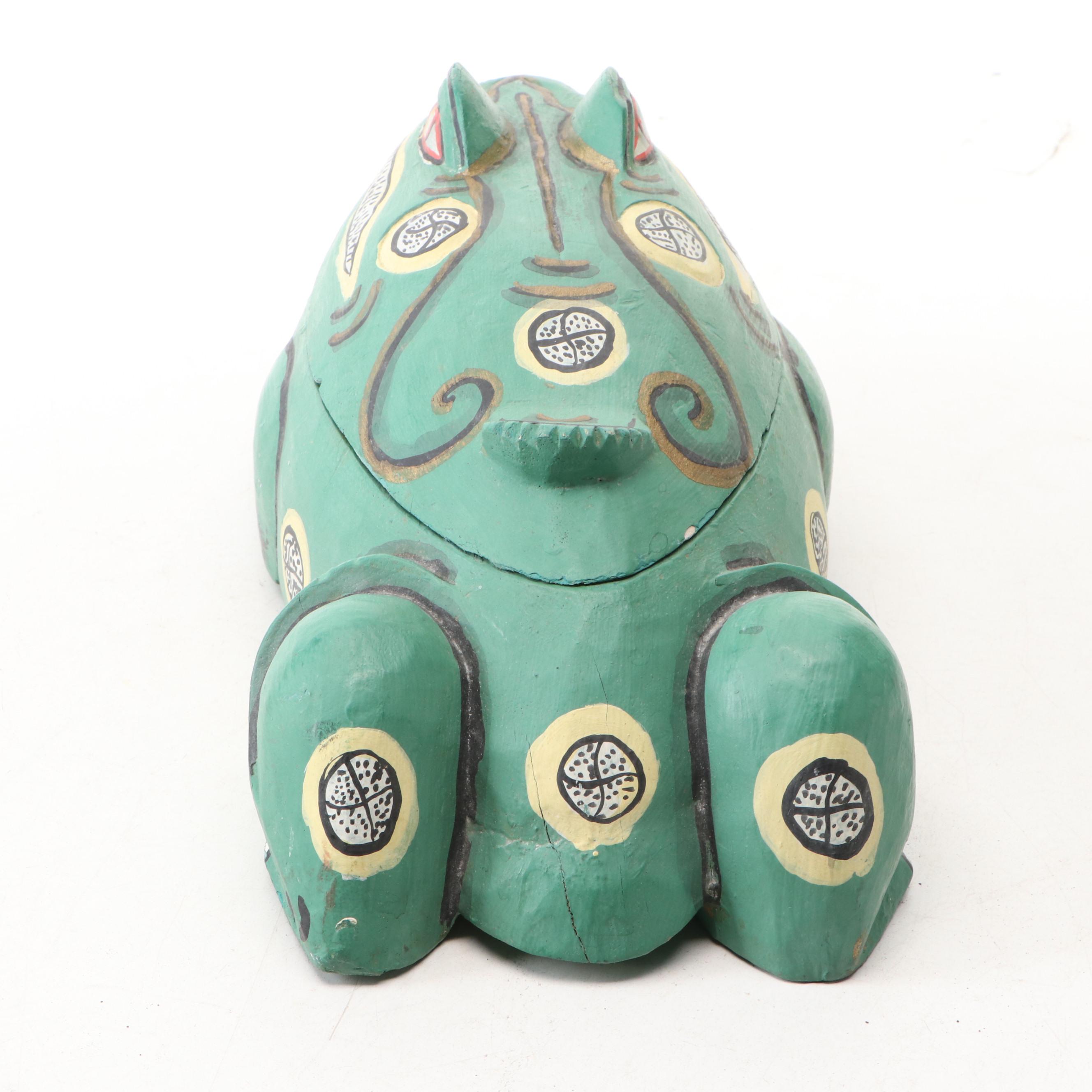 Indonesian Hand-Painted Wood Frog Vessel