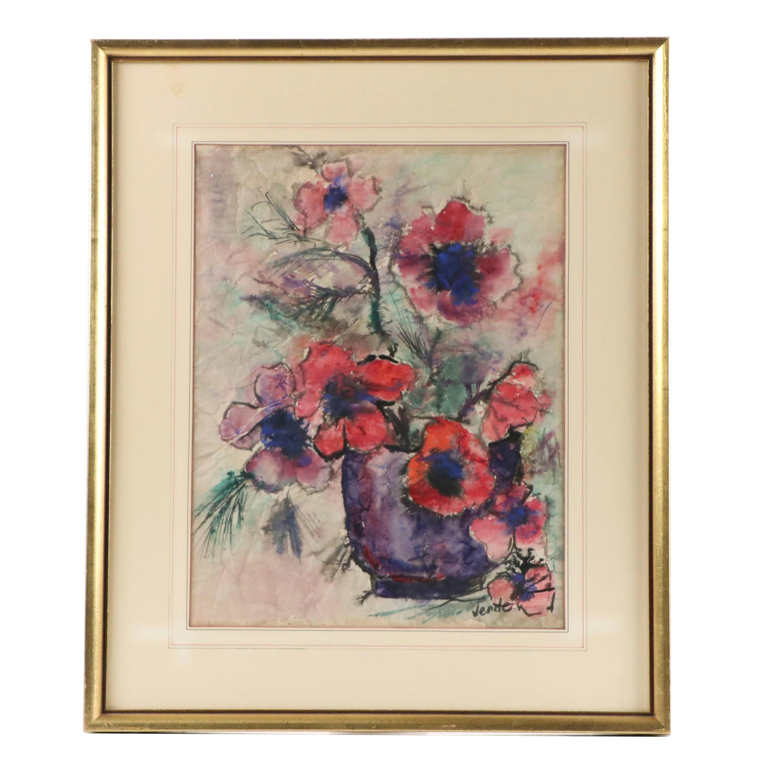 Verde Floral Still Life With Poppies Watercolor Painting, Mid-20th Century