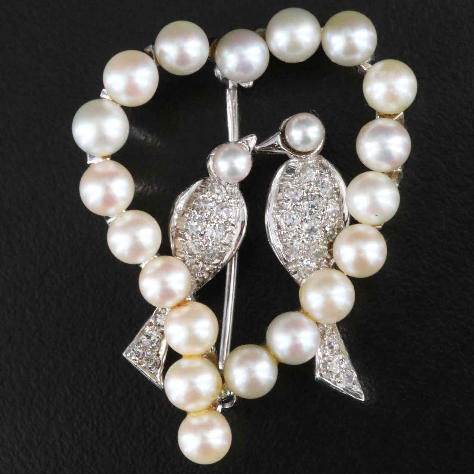 Vintage 14K Pearl and 0.64 CTW Diamond Love Bird Heart Converter Brooch
