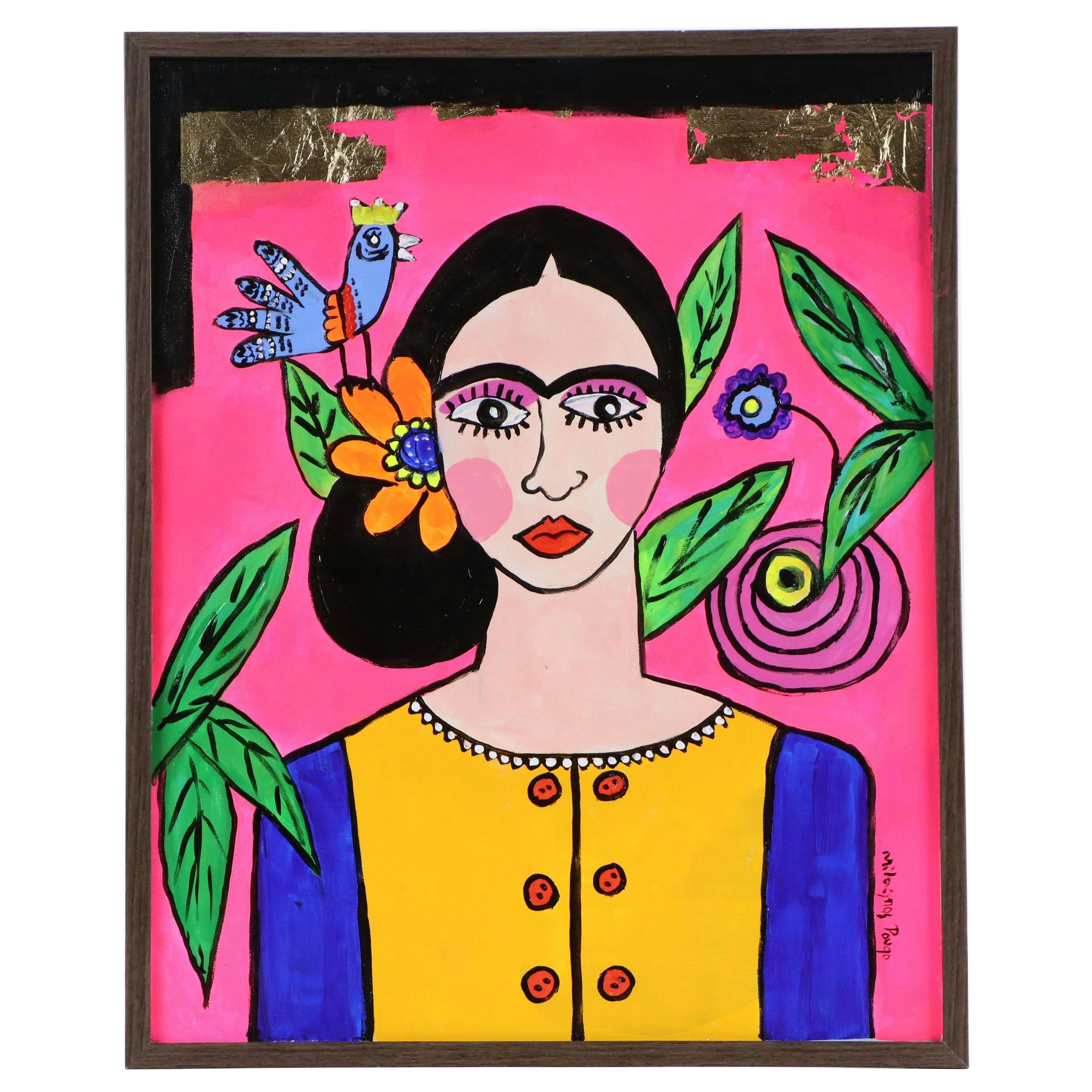 Milagros Pongo Stylized Mixed Media Portrait of Frida Kahlo, 21st Century