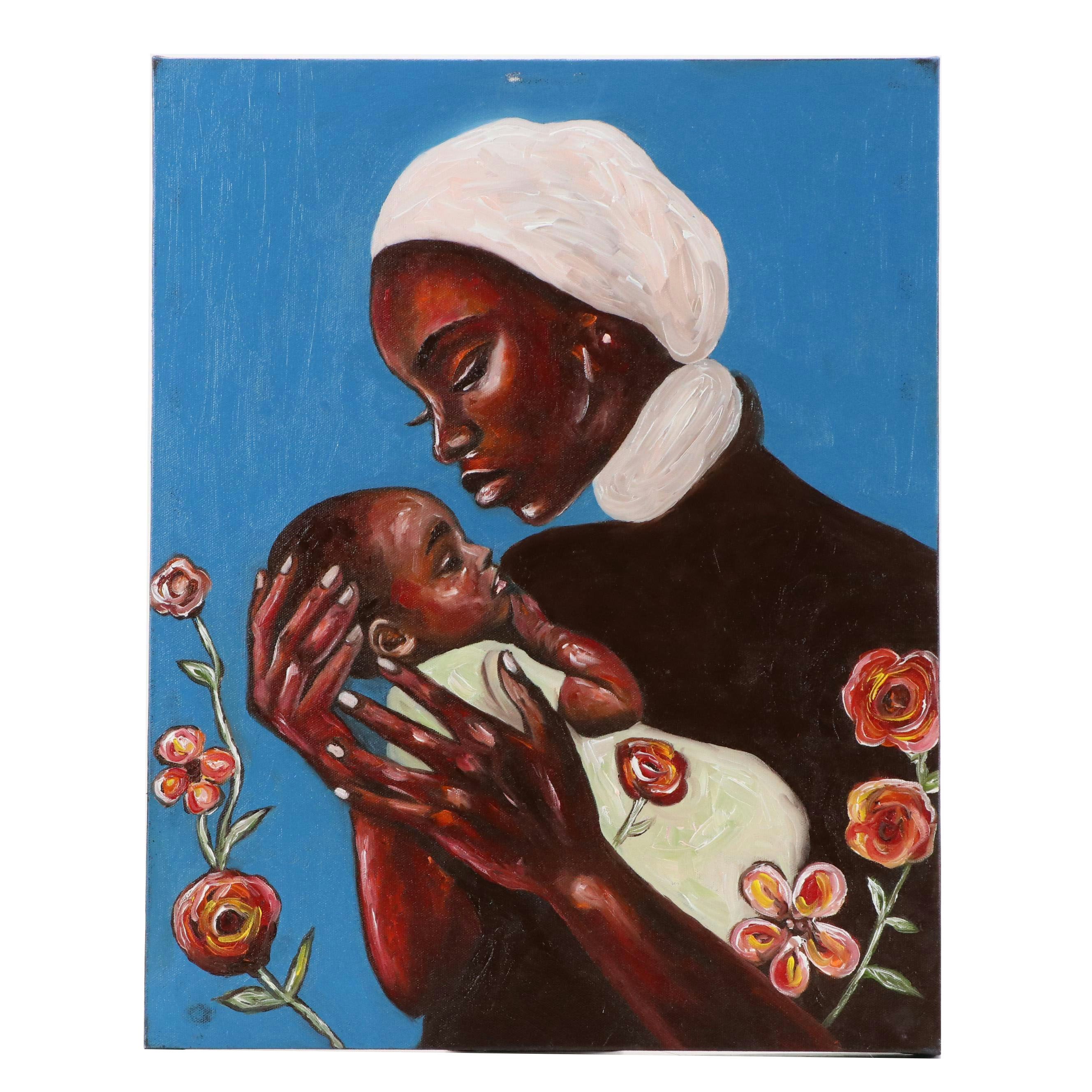 Oluwakemi Omowaire Oil Portrait "Mother And Child.," 21st Century