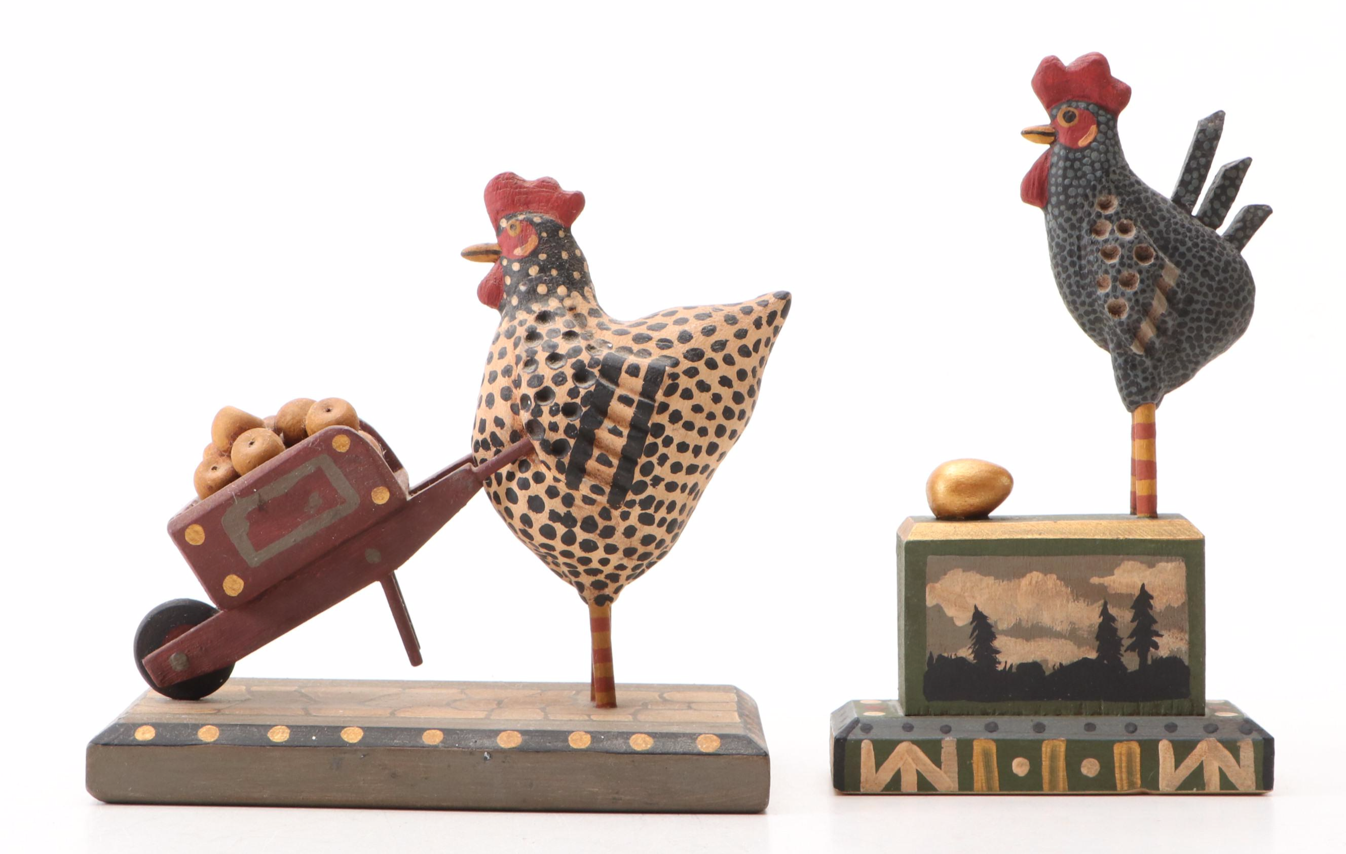 George Voyzey Pennsylvania Folk Art Hand-Painted Wood Chickens