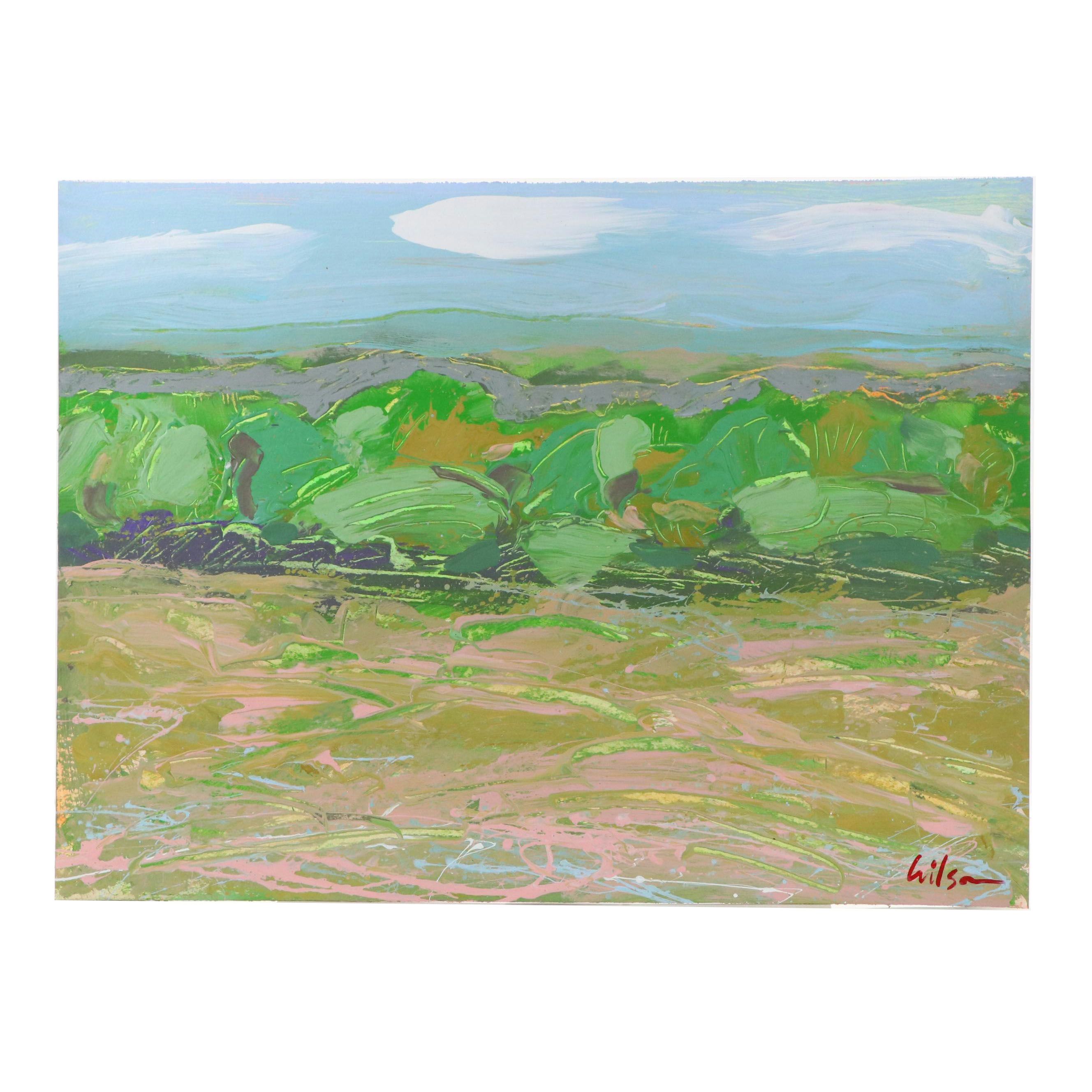 Harry Hilson Acrylic Painting of Abstracted Landscape, Late 20th Century