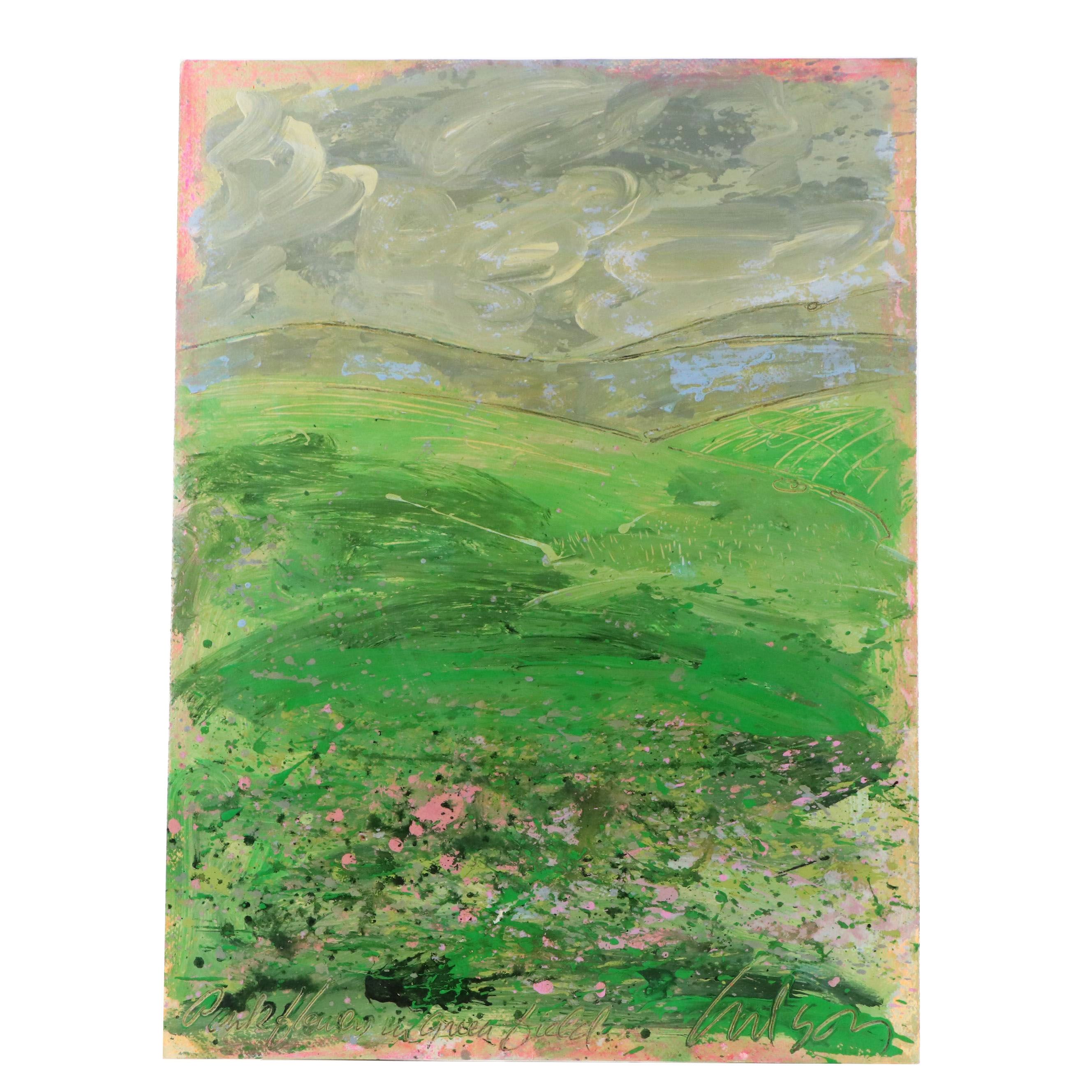 Harry Hilson Acrylic Painting "Pink Flowers in Green Field," Late 20th Century