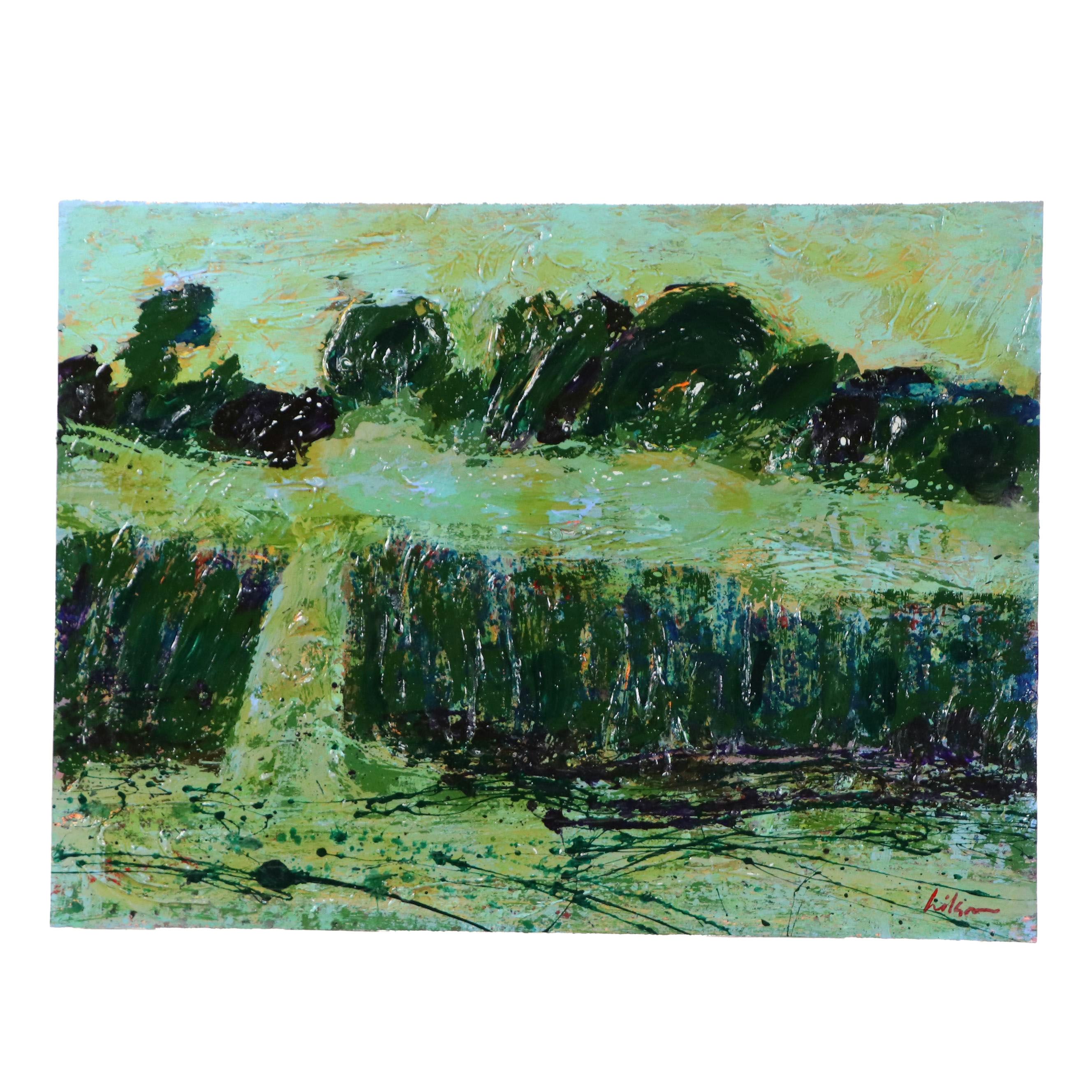 Harry Hilson Acrylic Painting of Abstracted Landscape, Late 20th Century