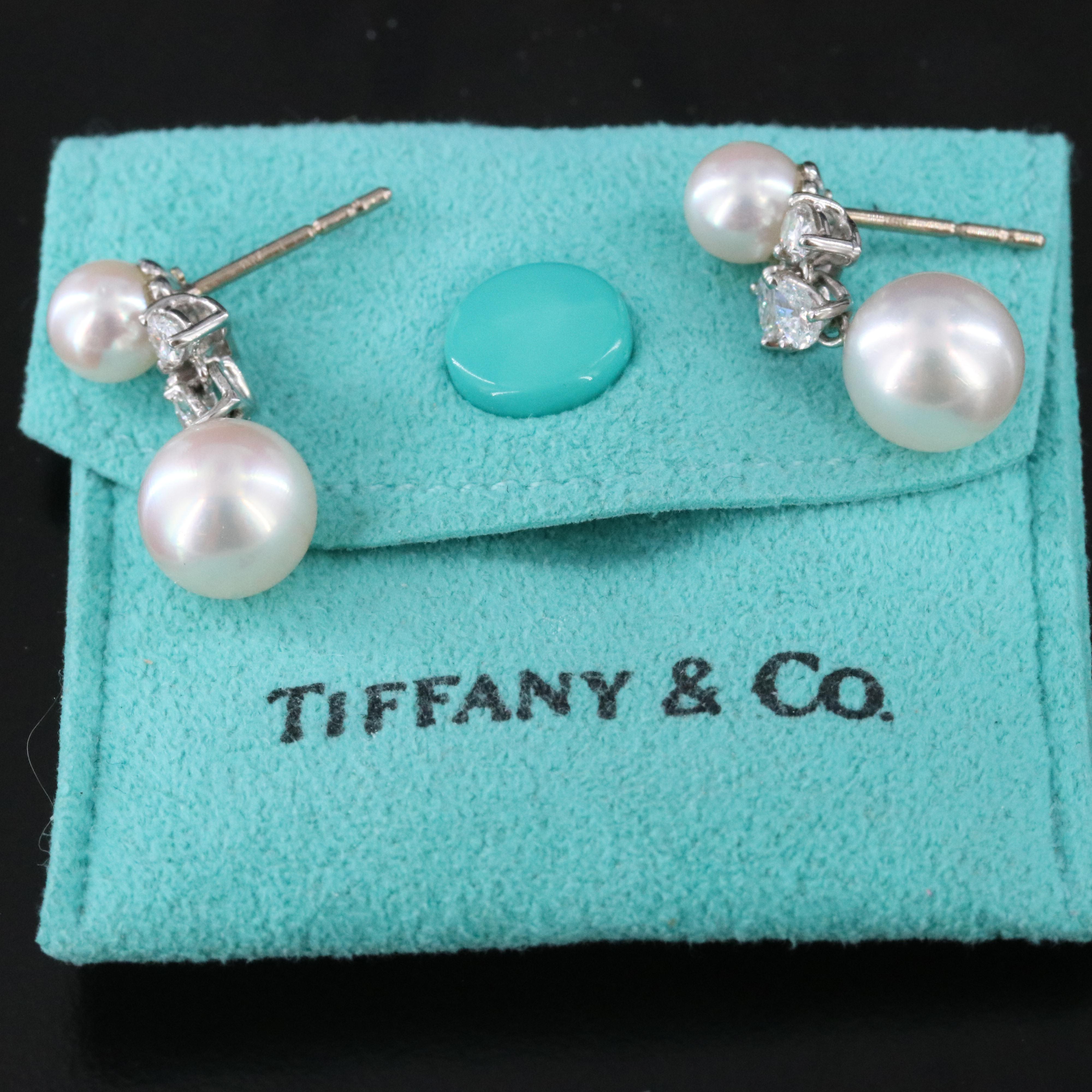 Vintage Tiffany & Co. Platinum Pearl and 0.56 CTW Diamond Drop Earrings