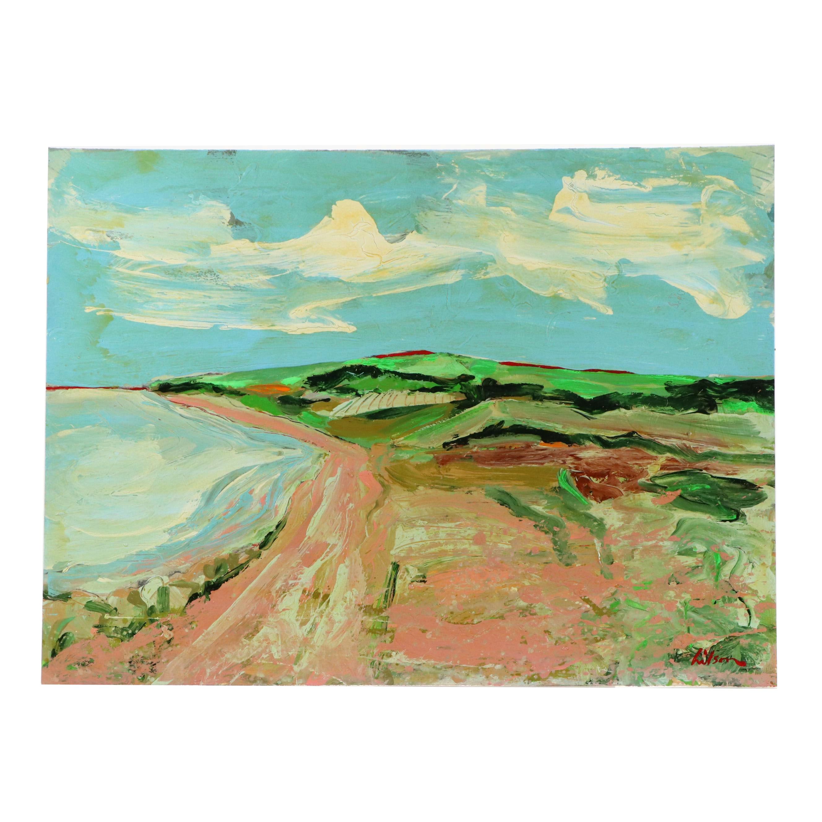 Harry Hilson Oil Painting of Abstracted Landscape, Late 20th Century