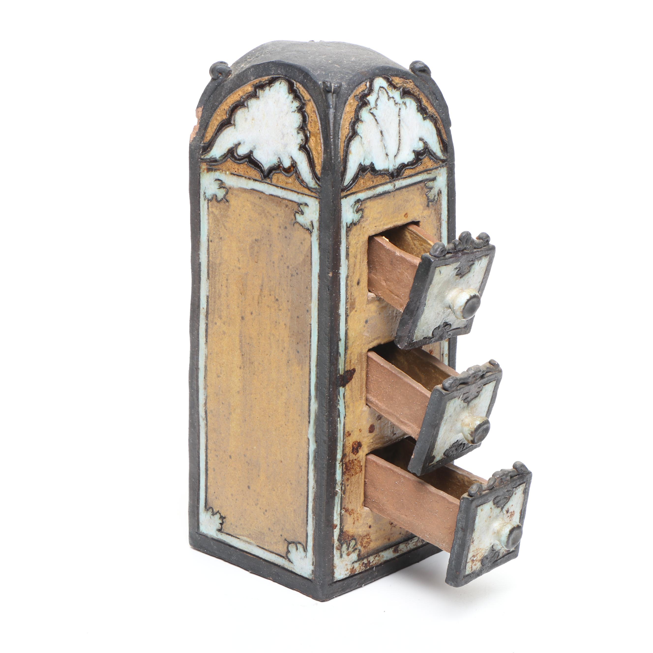 Artist Signed Three-Drawer Ceramic Cabinet