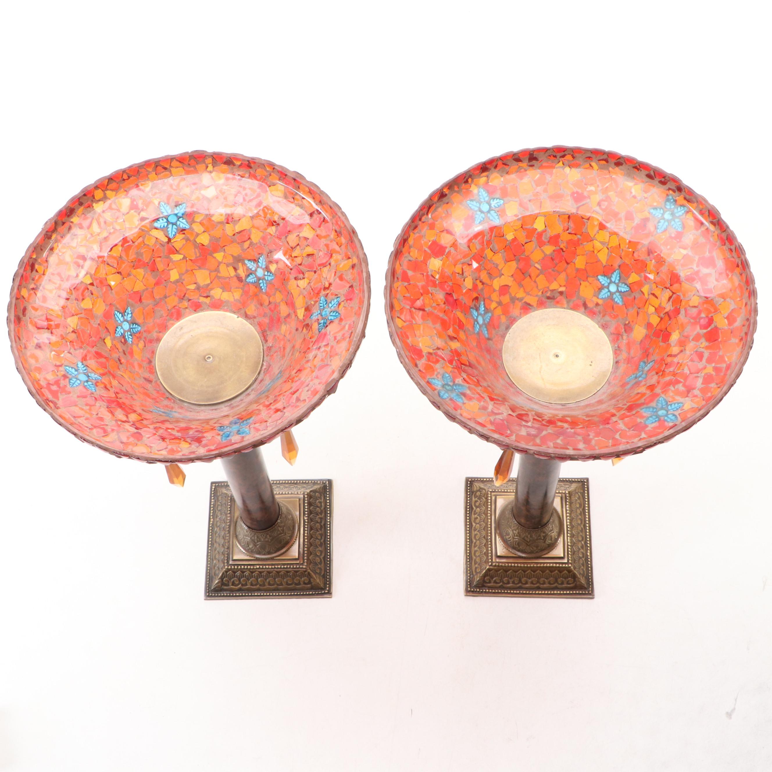 Hollywood Regency Style Glass Mosaic Canopy Pillar Candle Holders