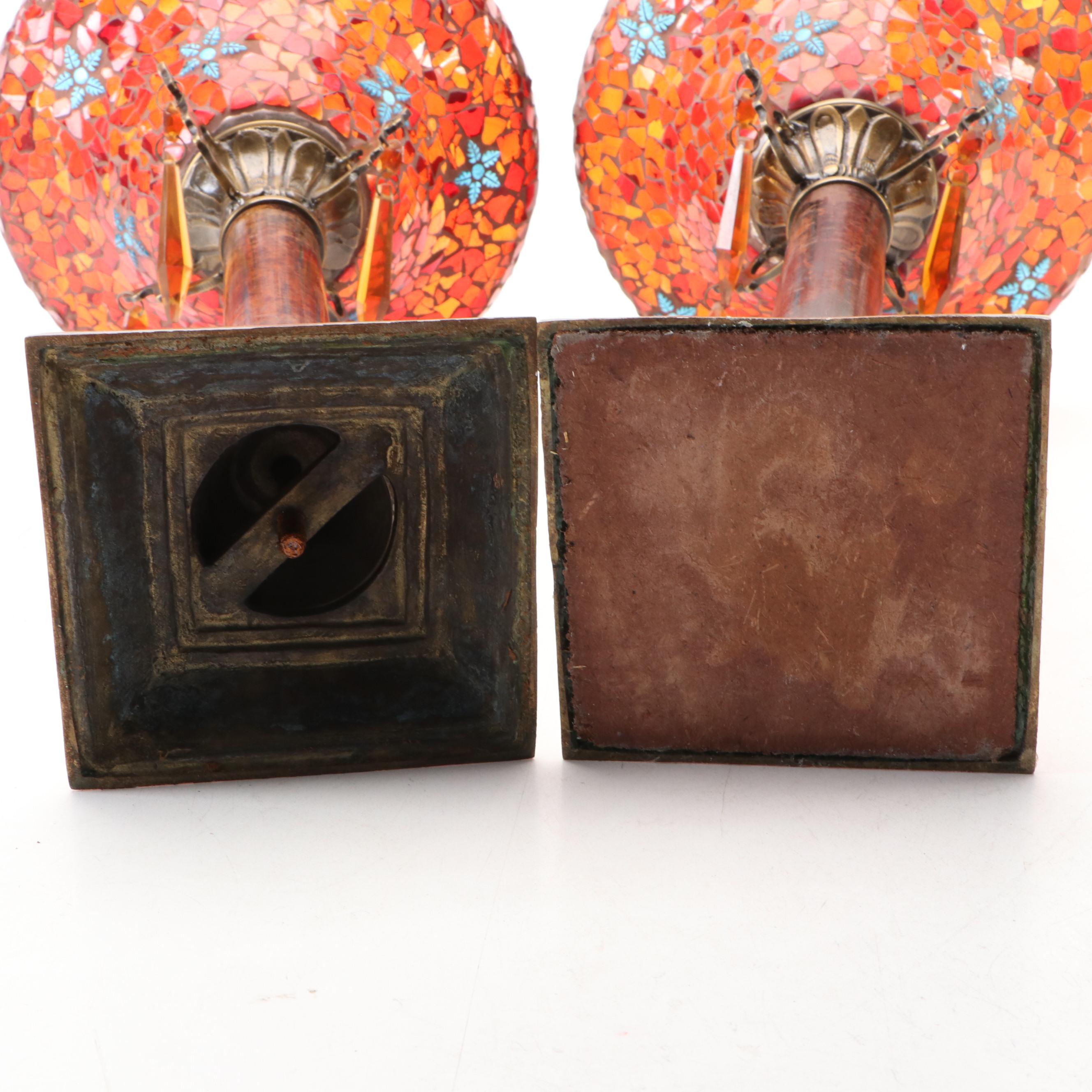 Hollywood Regency Style Glass Mosaic Canopy Pillar Candle Holders