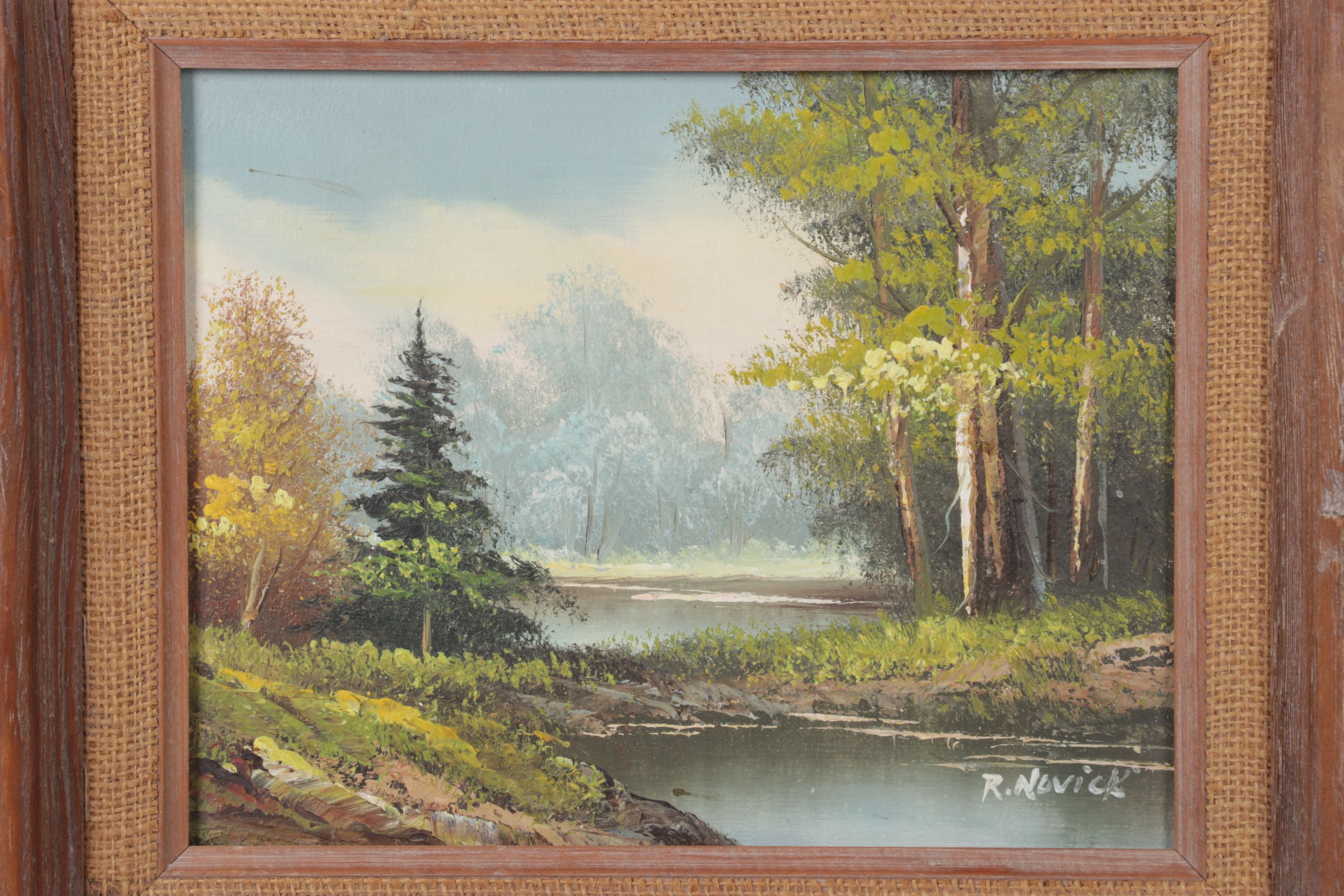 R. Novick Impressionist Lake Landscape Oil Painting, Mid to Late 20th Century